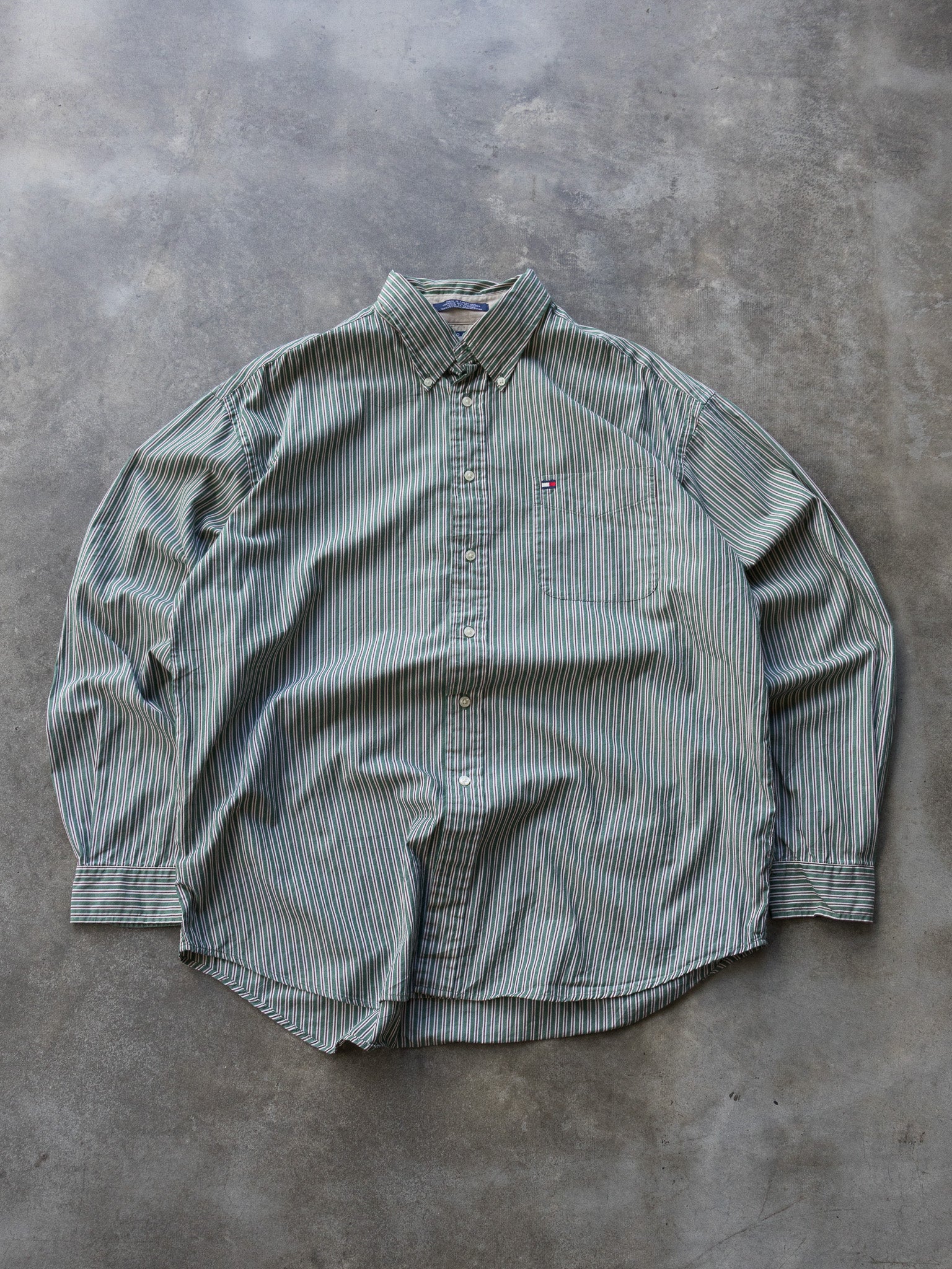 Vintage 00s Green Tommy Hilfiger Striped Shirt (XL)