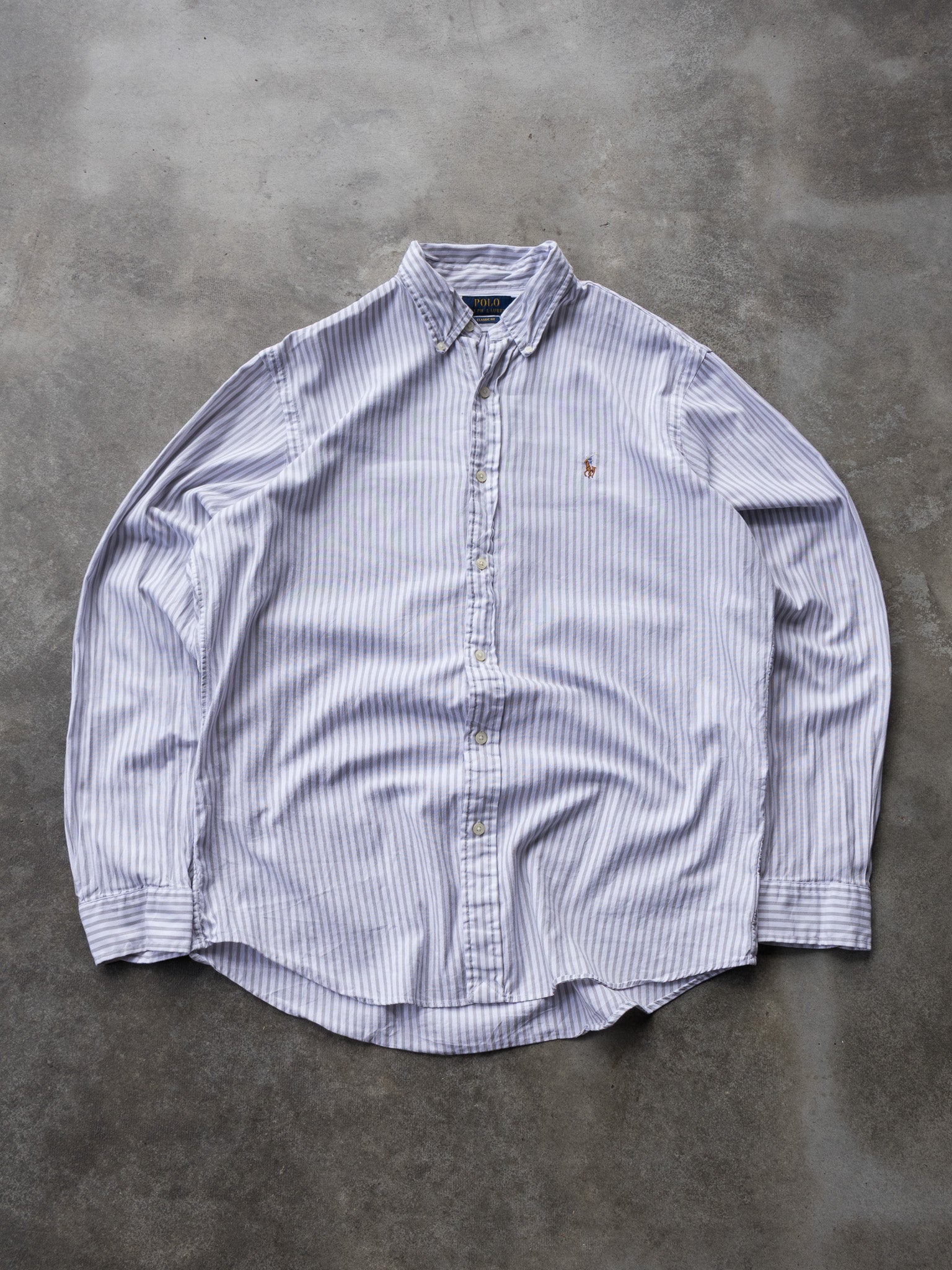 Vintage White & Grey Ralph Lauren Striped Shirt (L)