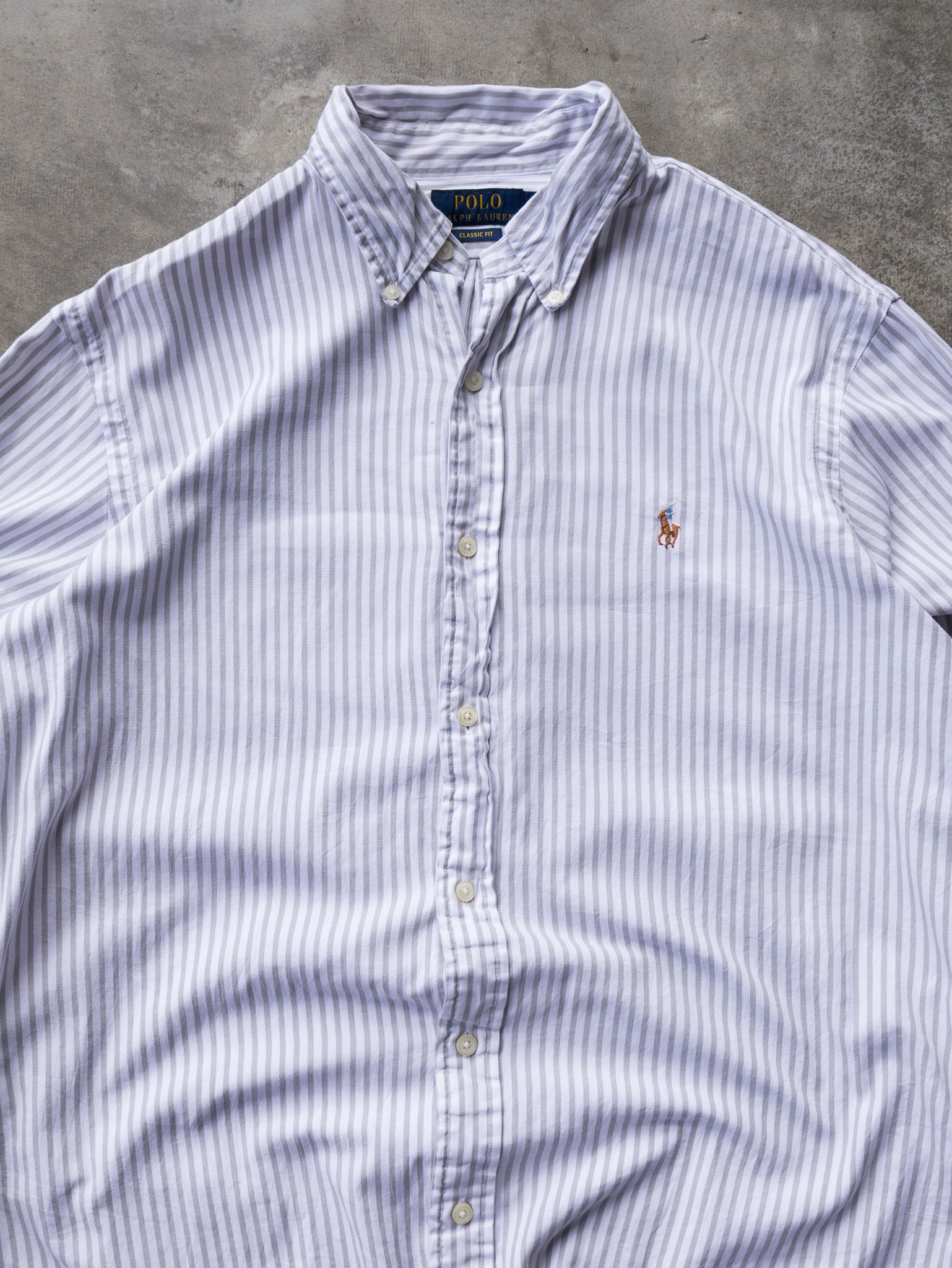 Vintage White & Grey Ralph Lauren Striped Shirt (L)