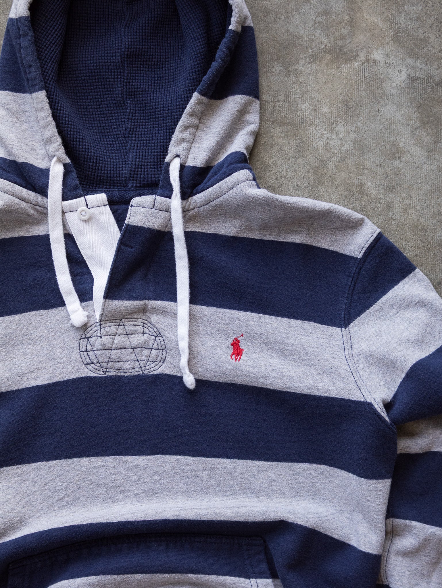 Vintage Navy & Grey Ralph Lauren Striped Hoodie (M)