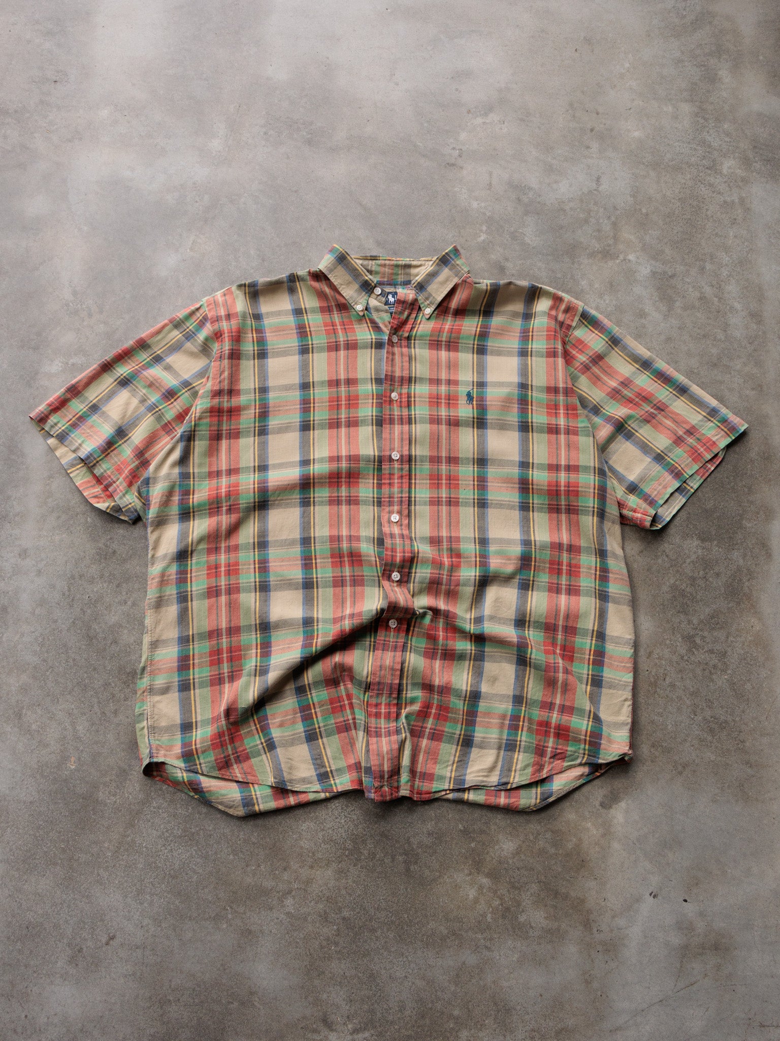 Vintage 90s Beige Madras Ralph Lauren Short Sleeve Shirt (XL)
