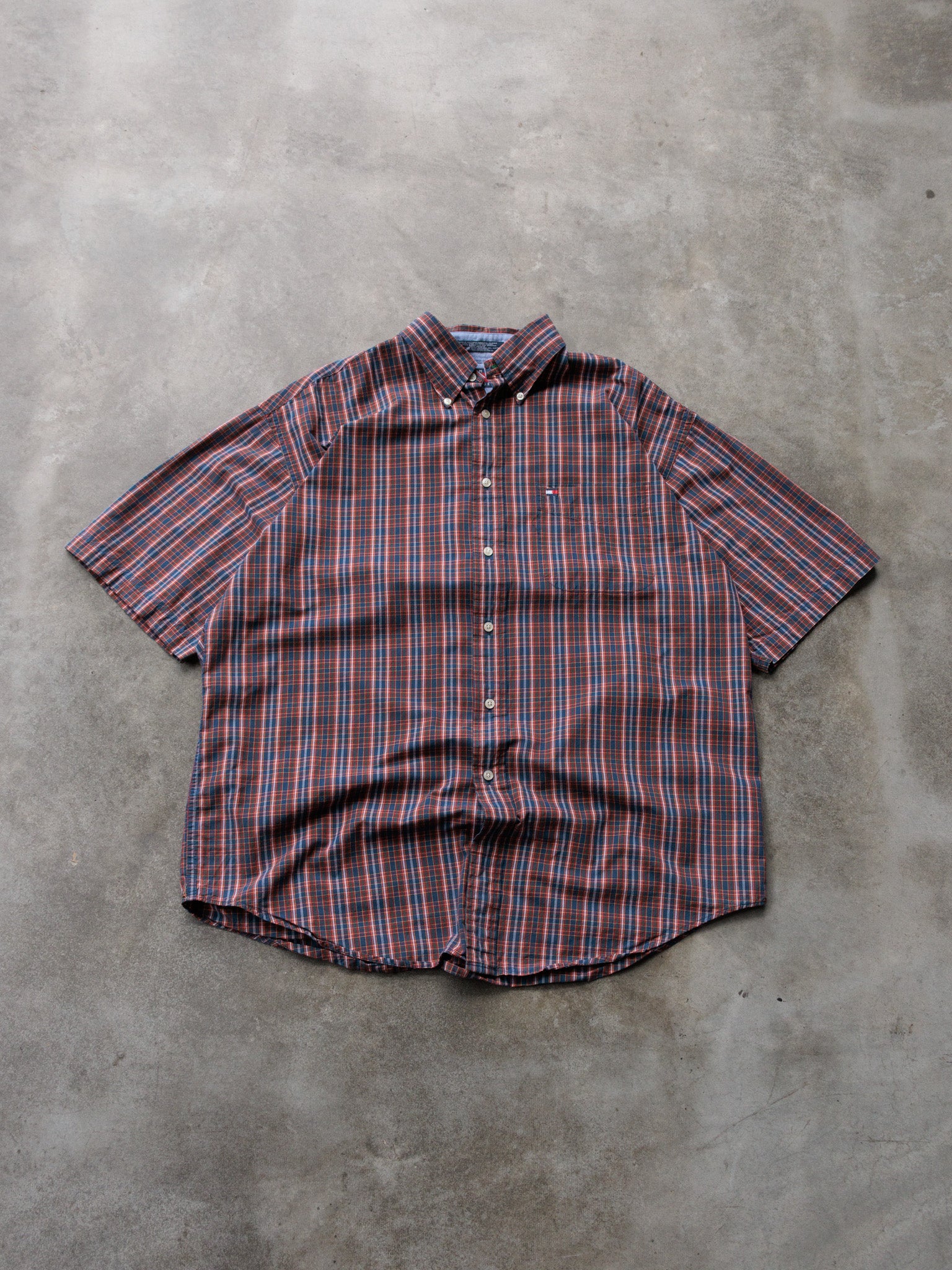 Vintage 90s Navy Plaid Tommy Hilfiger Short Sleeve Shirt (L)