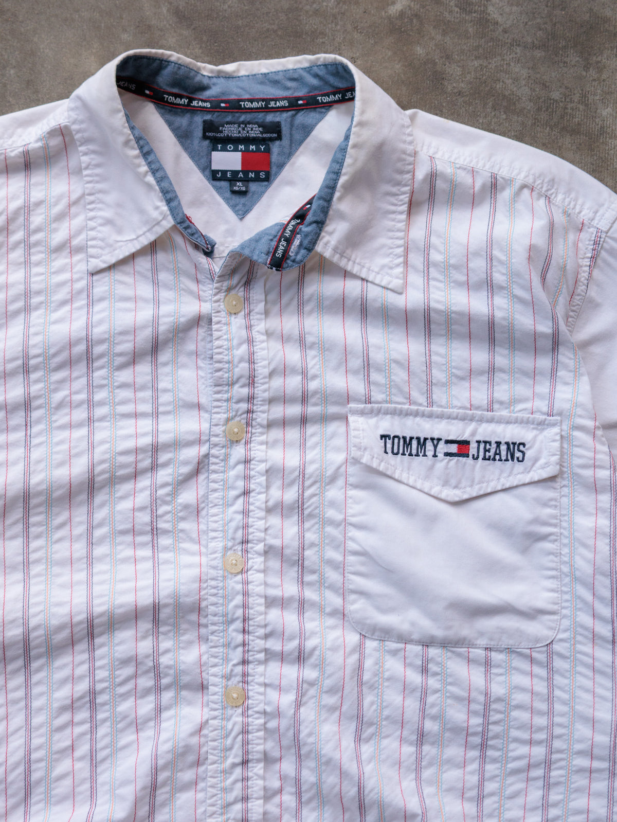 Vintage 00s White Striped Tommy Jeans Short Sleeve Shirt (XL)