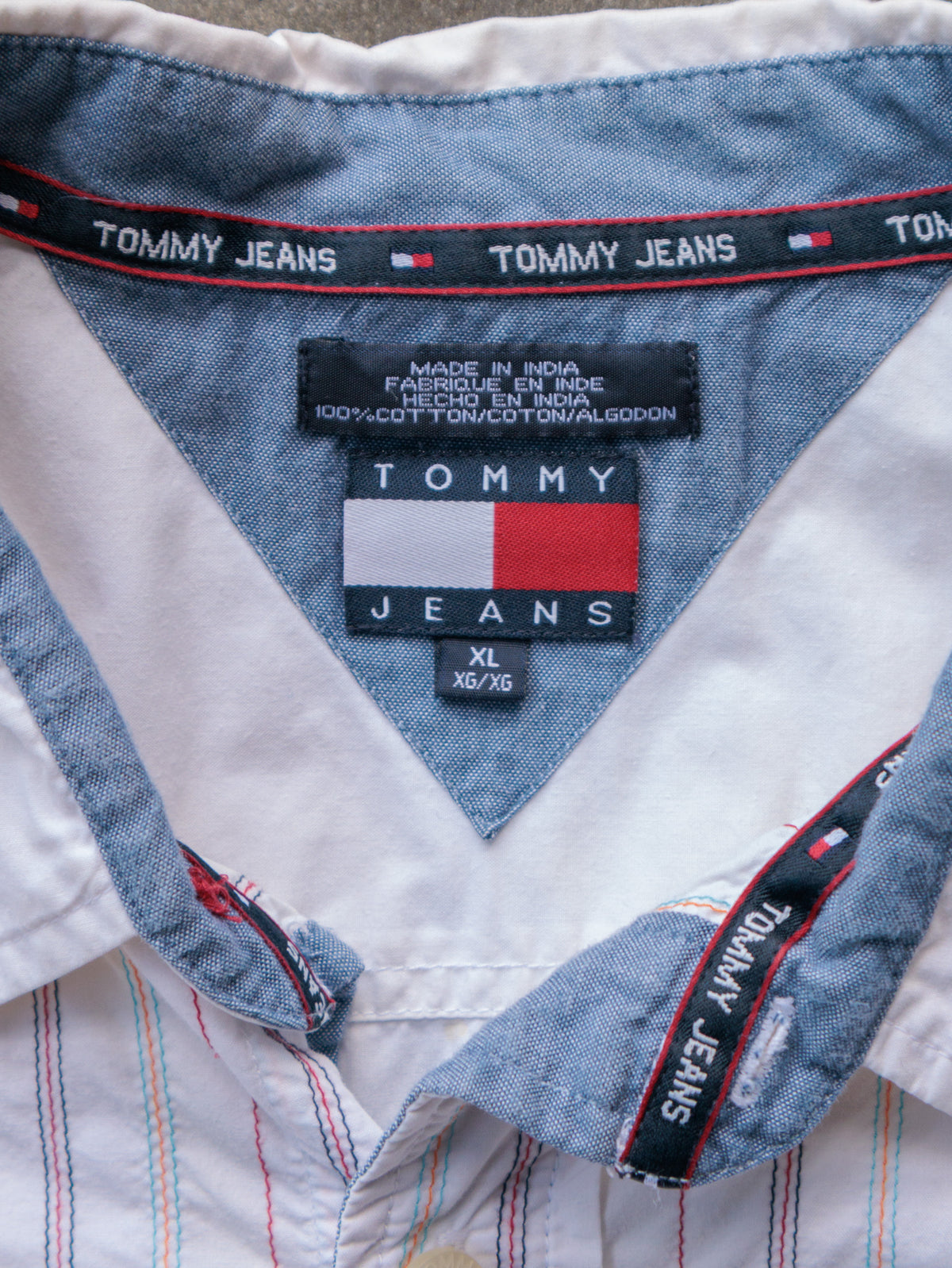Vintage 00s White Striped Tommy Jeans Short Sleeve Shirt (XL)