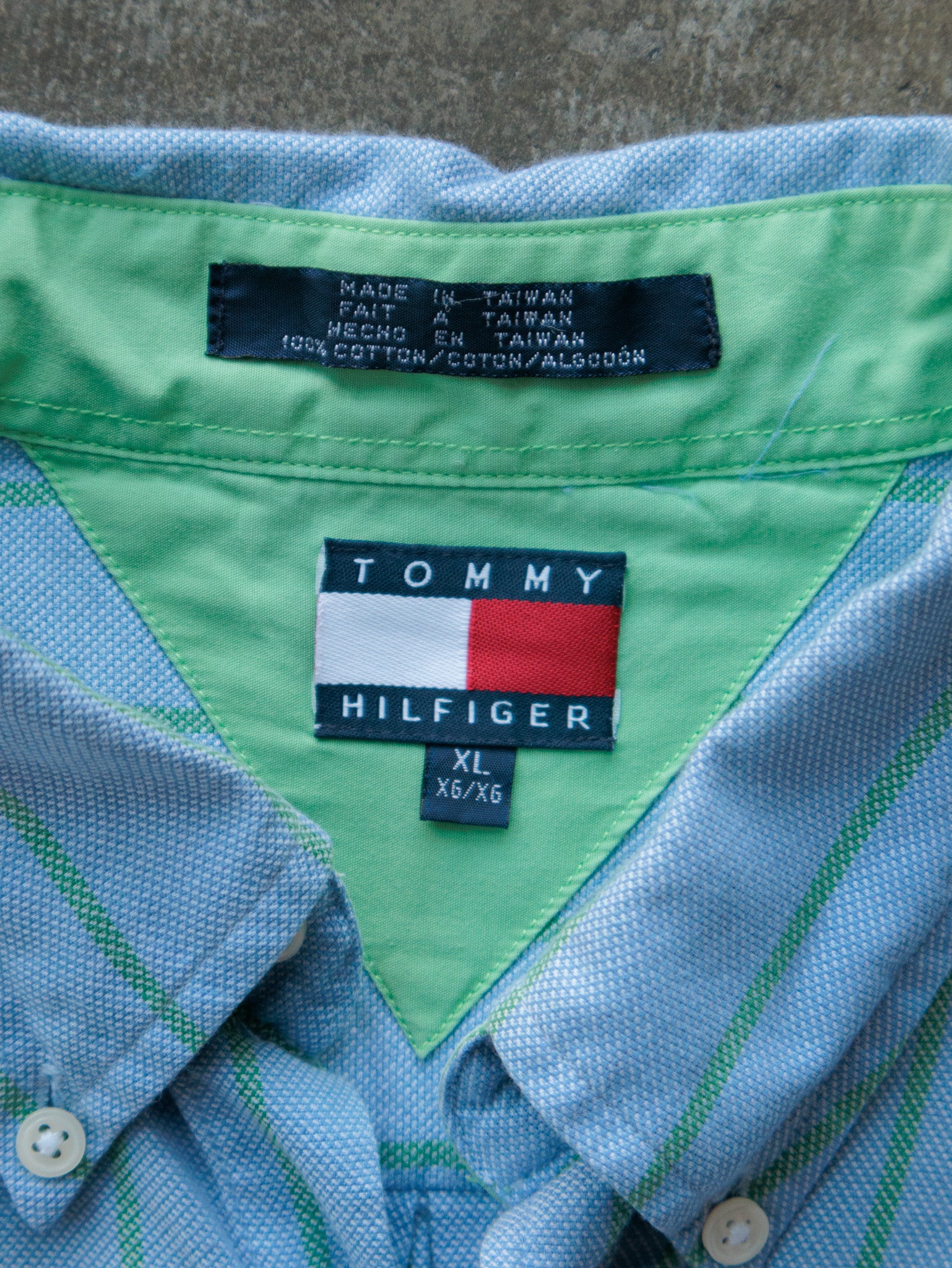 Vintage 90s Blue Striped Tommy Hilfiger Short Sleeve Shirt (XL)