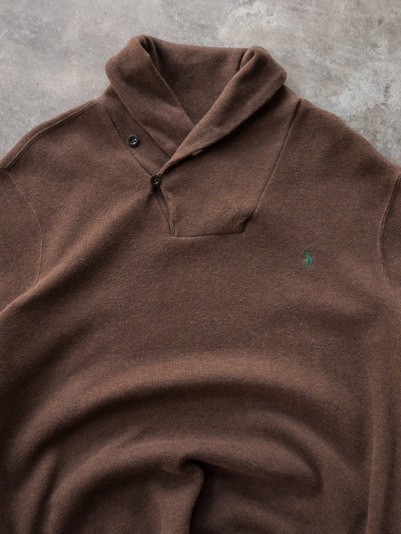 Vintage Brown Polo Ralph Lauren Shawl Neck Knit (L)