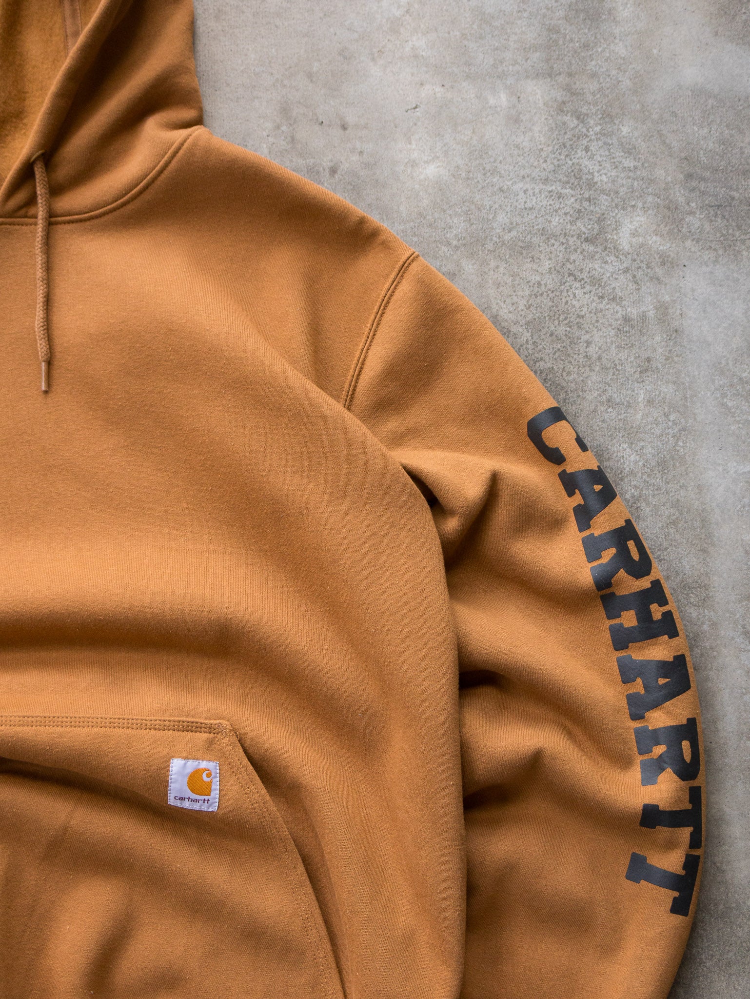 Vintage Brown Carhartt Sleeve Spell Out Hoodie (XL)
