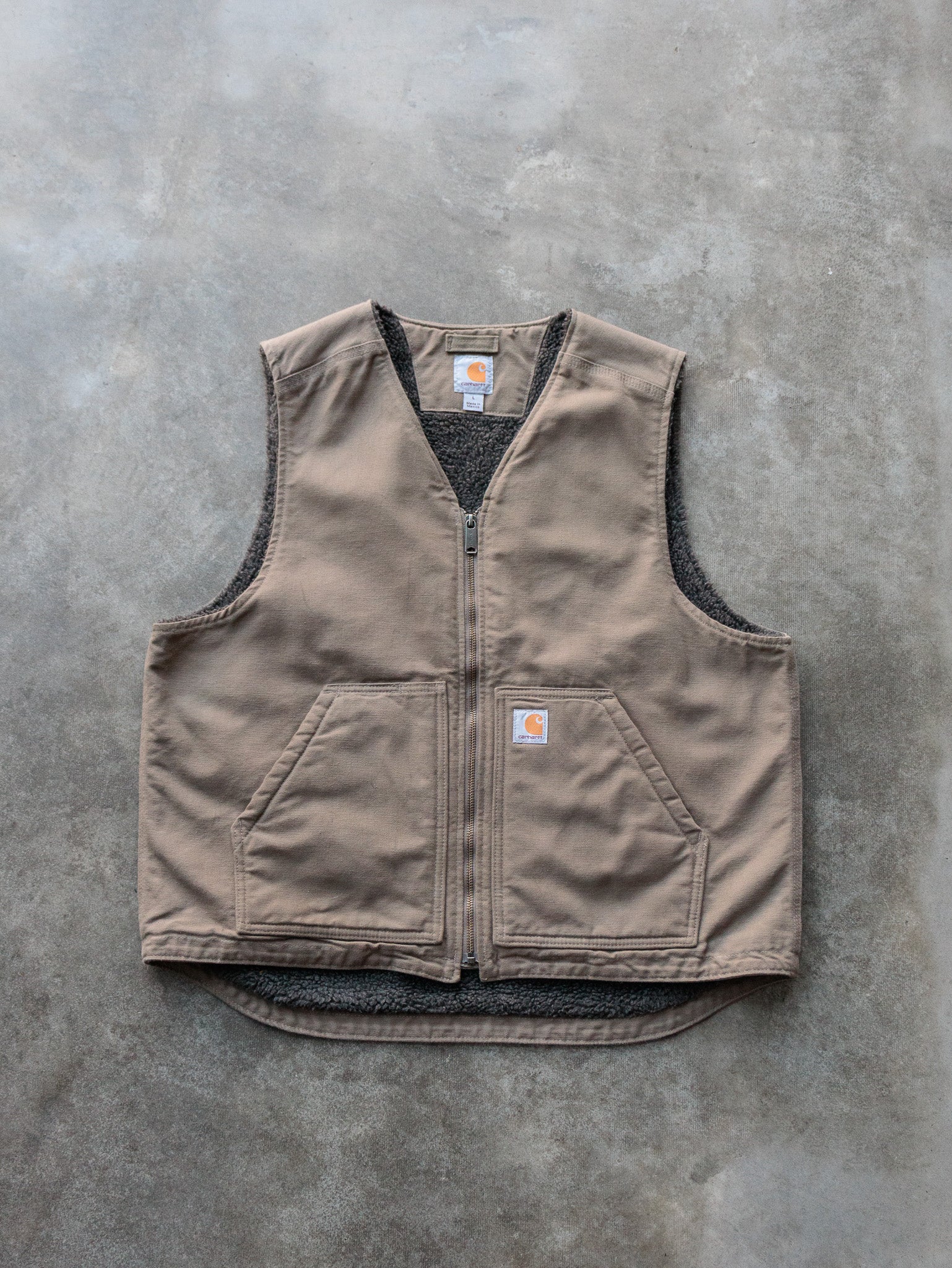 Vintage Tan Carhartt Sherpa-Lined Vest (L)