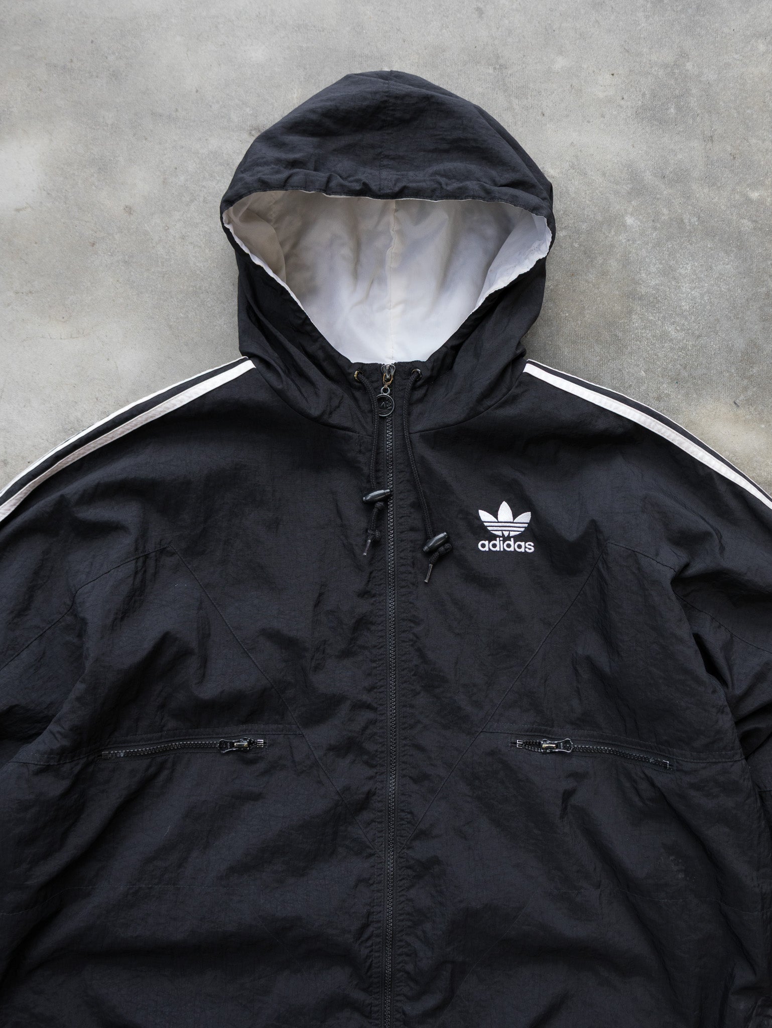 Vintage Black Adidas Trefoil Hooded Jacket (2XL)