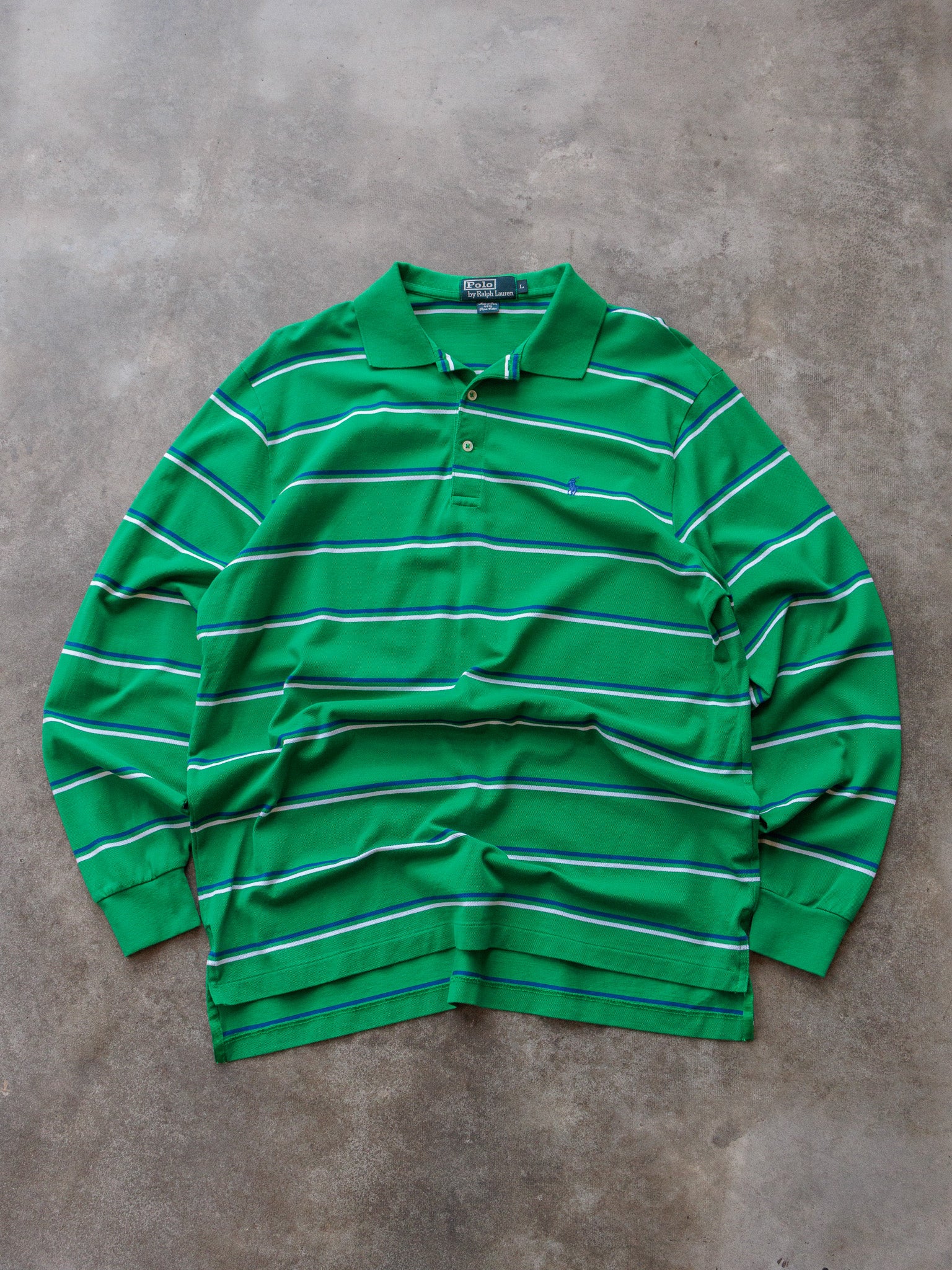 Vintage Green Striped Polo Ralph Lauren Long Sleeve Polo Shirt (L)
