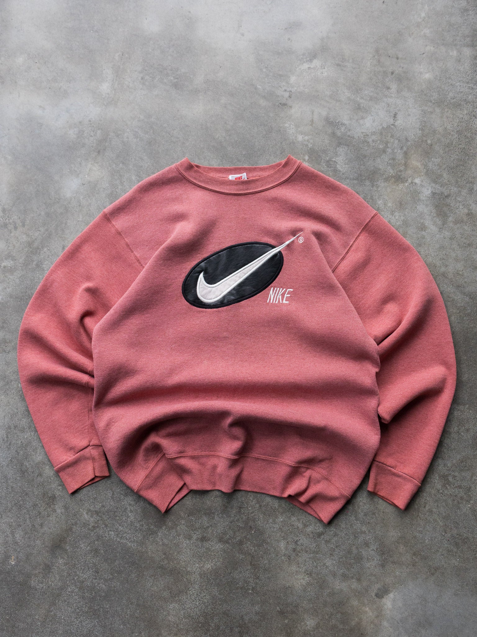 Vintage 90s Faded Maroon Nike Leather Oval Logo Sweatshirt (L)