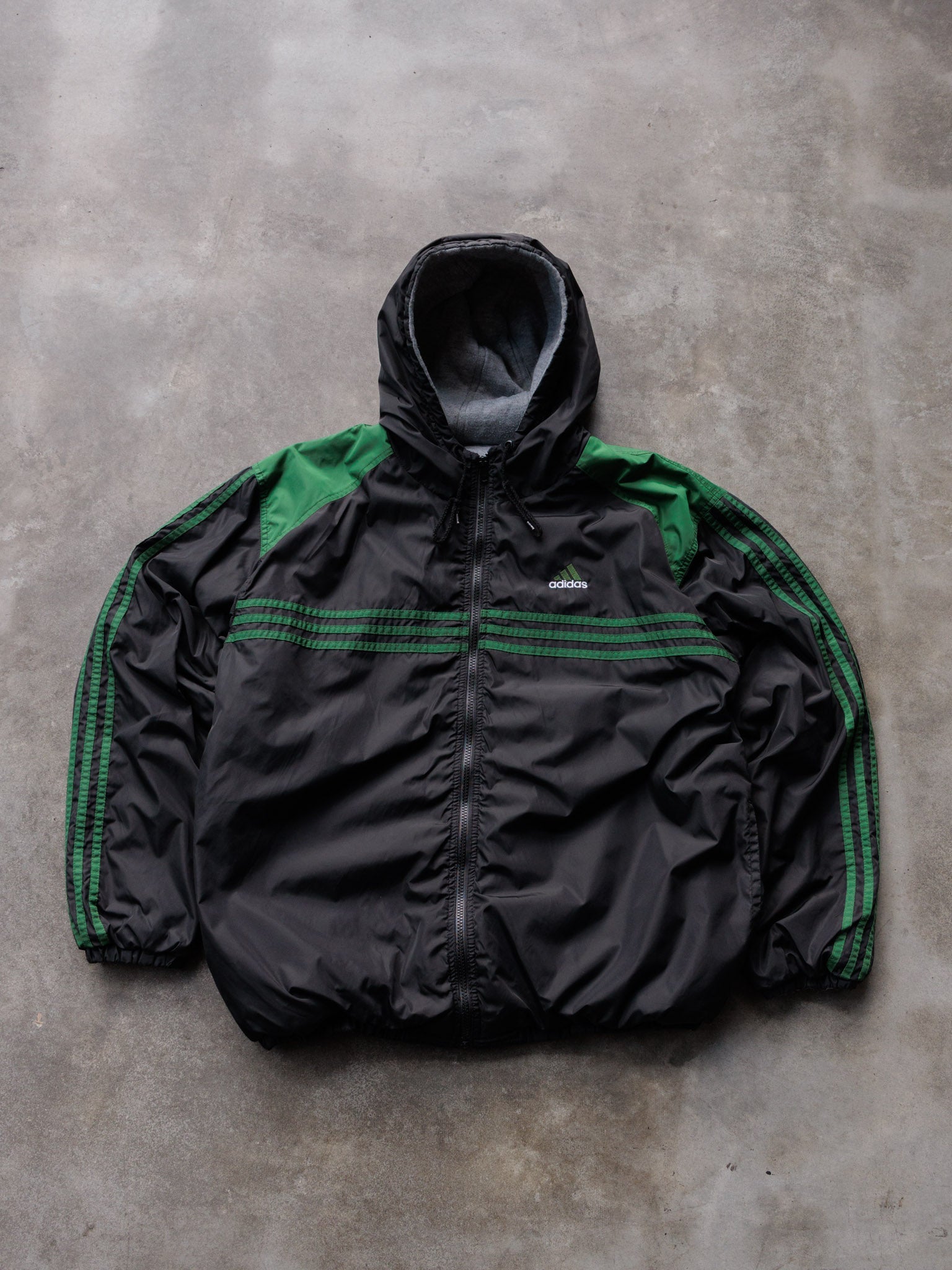 Vintage Grey & Black Adidas Reversible Spell Out Hooded Jacket (M)