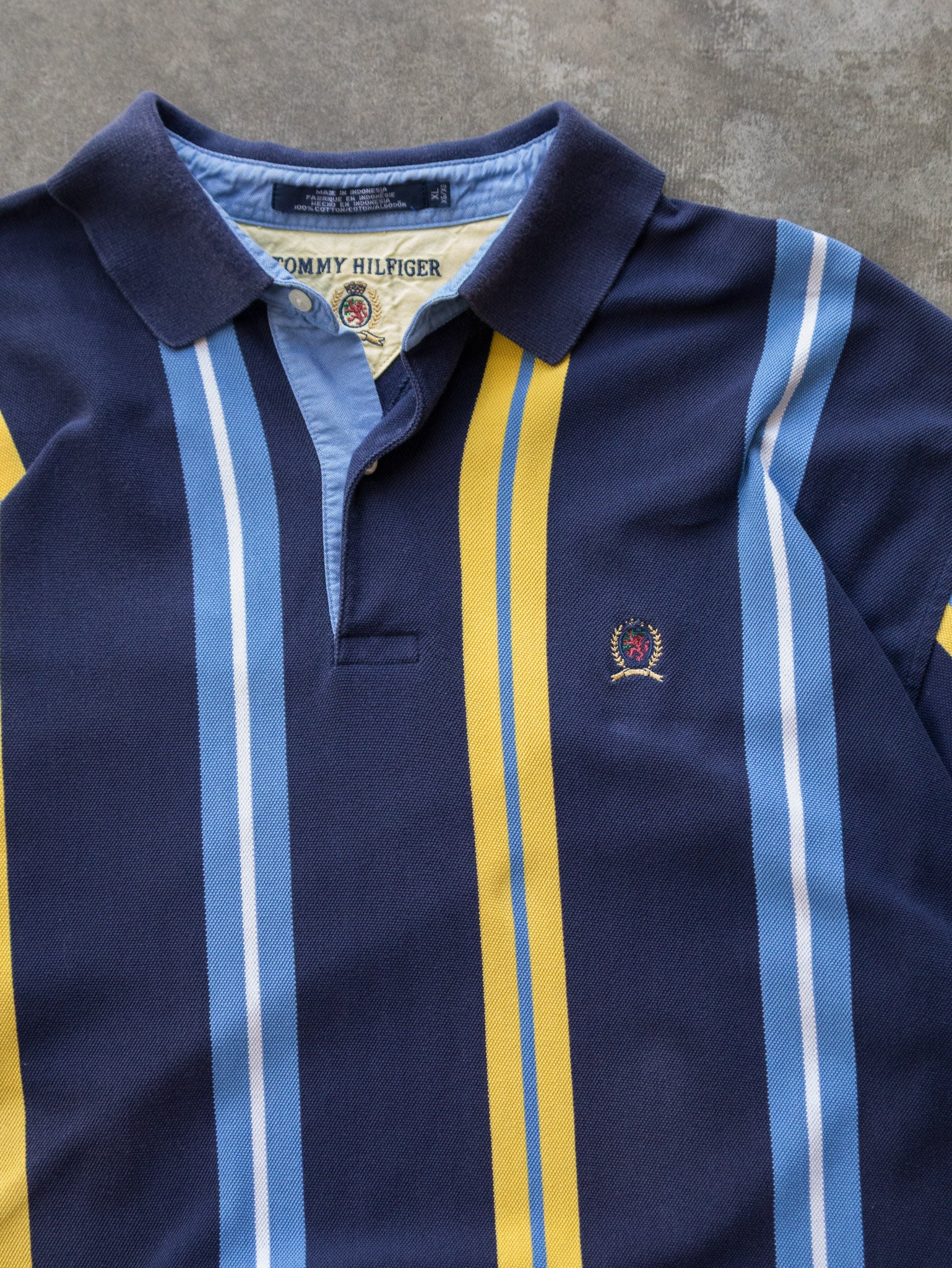 Vintage 90s Navy & Yellow Striped Tommy Hilfiger Polo Shirt (XL)