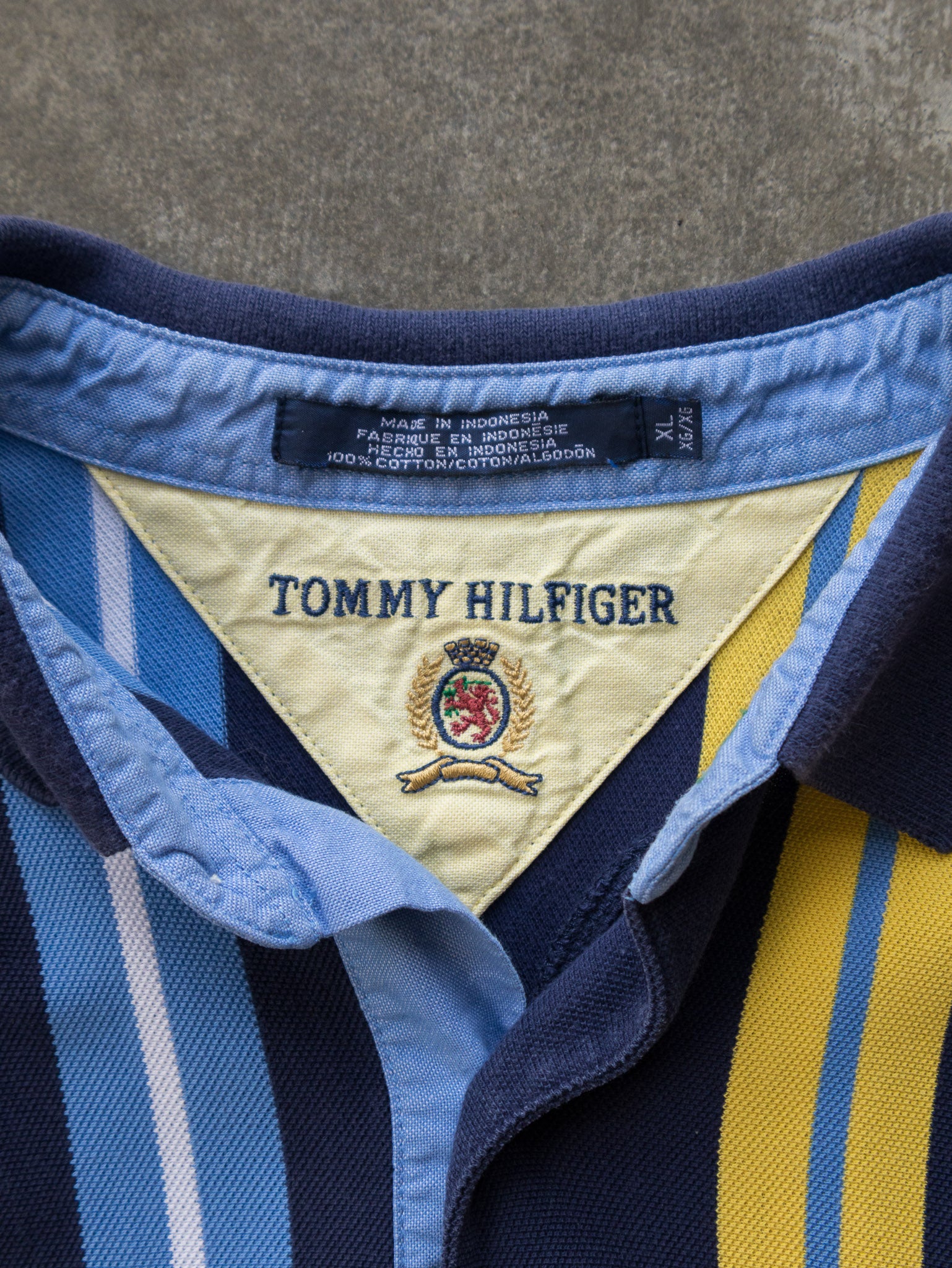 Vintage 90s Navy & Yellow Striped Tommy Hilfiger Polo Shirt (XL)