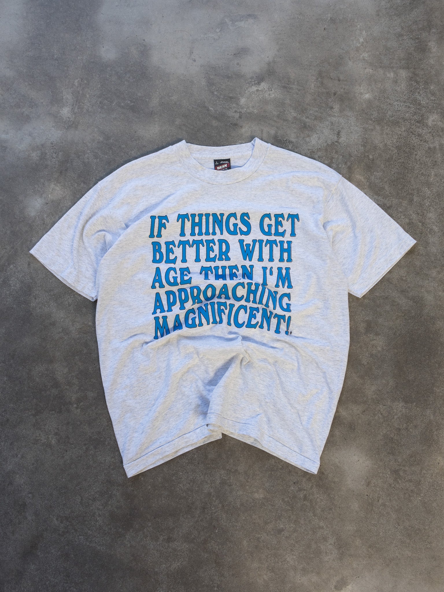 Vintage 90s Grey "Things Get Better With Age" Graphic Tee (L)