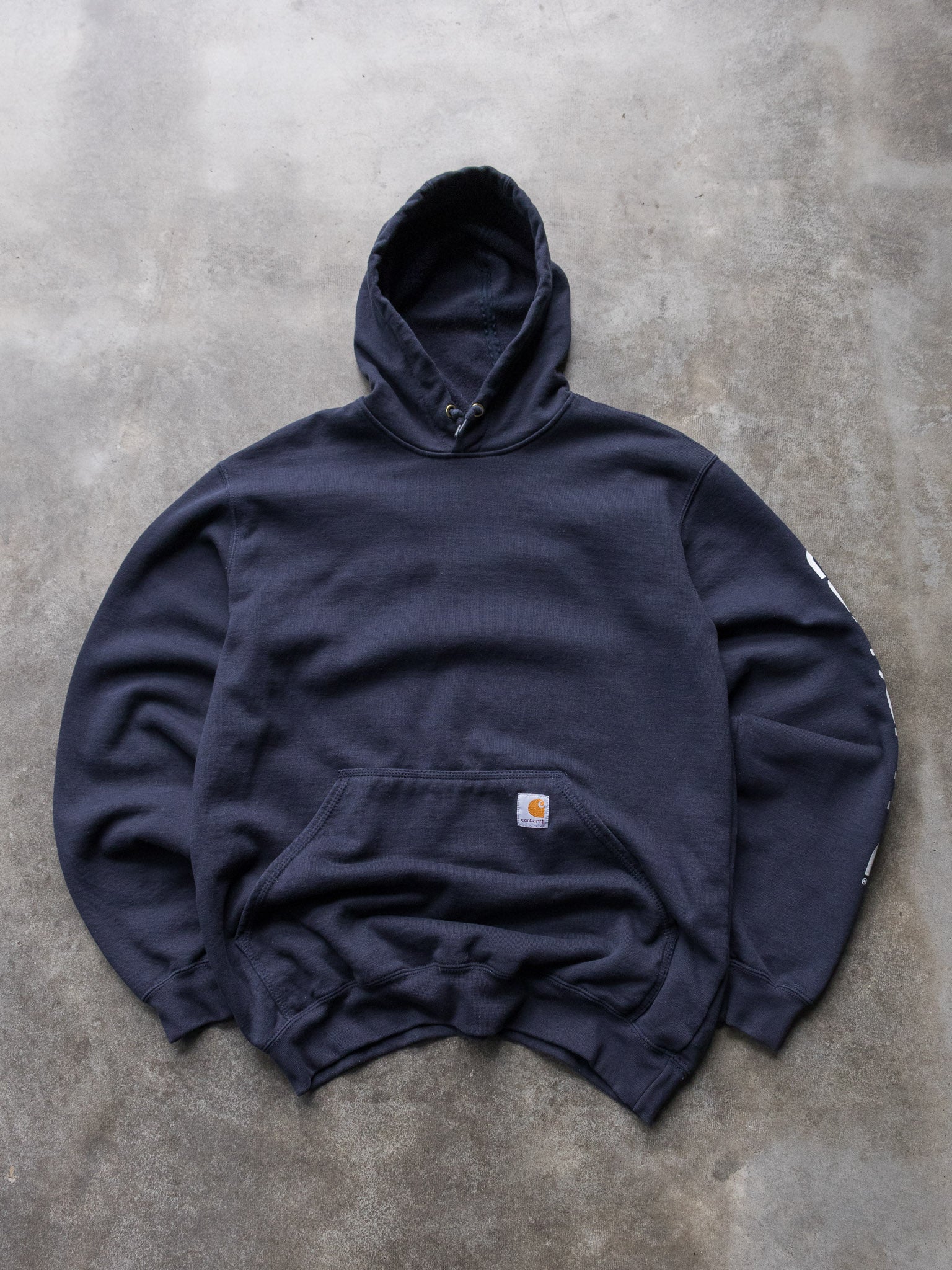 Vintage Navy Carhartt Sleeve Spell Out Hoodie (M)