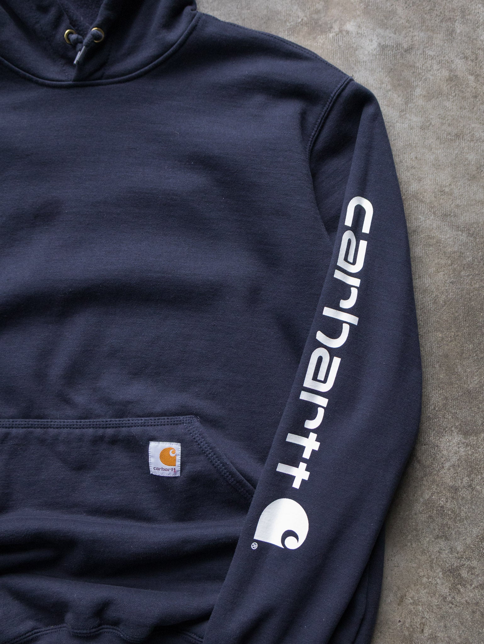 Vintage Navy Carhartt Sleeve Spell Out Hoodie (M)