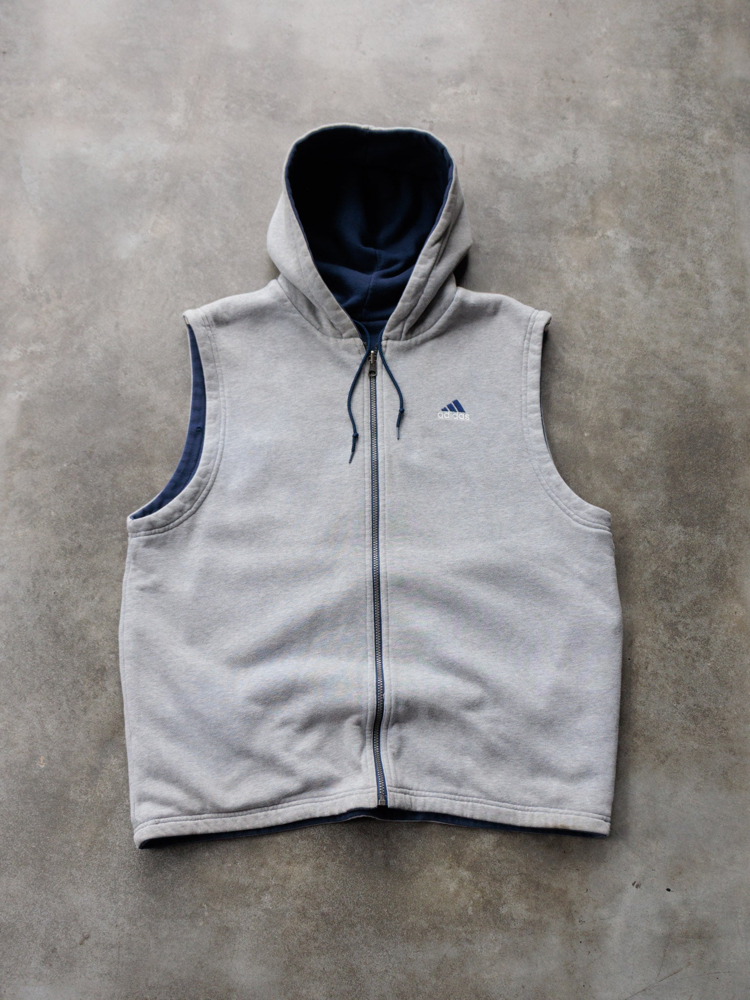 Vintage 00s Grey & Navy Adidas Reversible Hooded Vest (L)