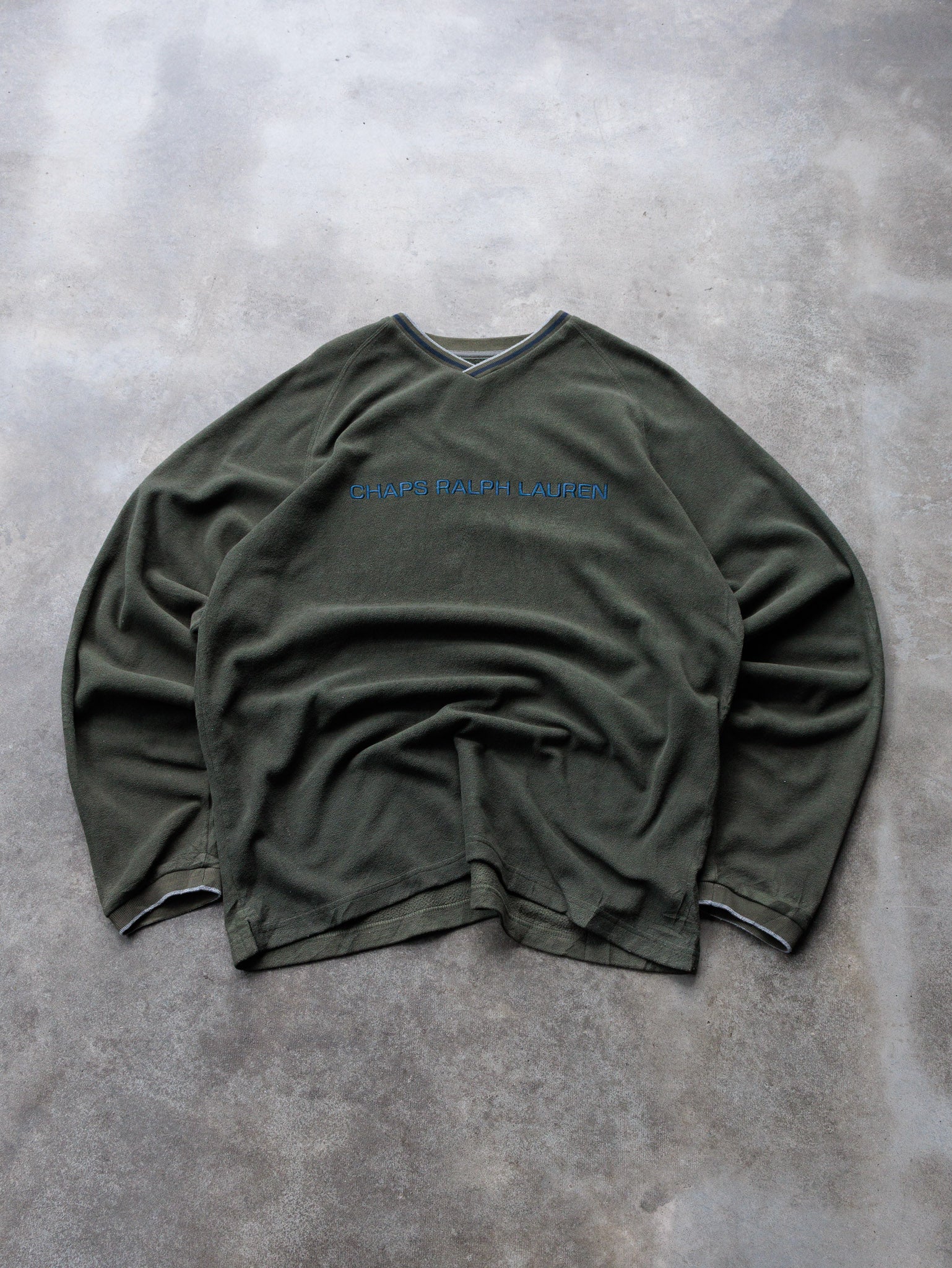 Vintage 90s Olive Chaps Ralph Lauren Spell Out Fleece Sweatshirt (L)