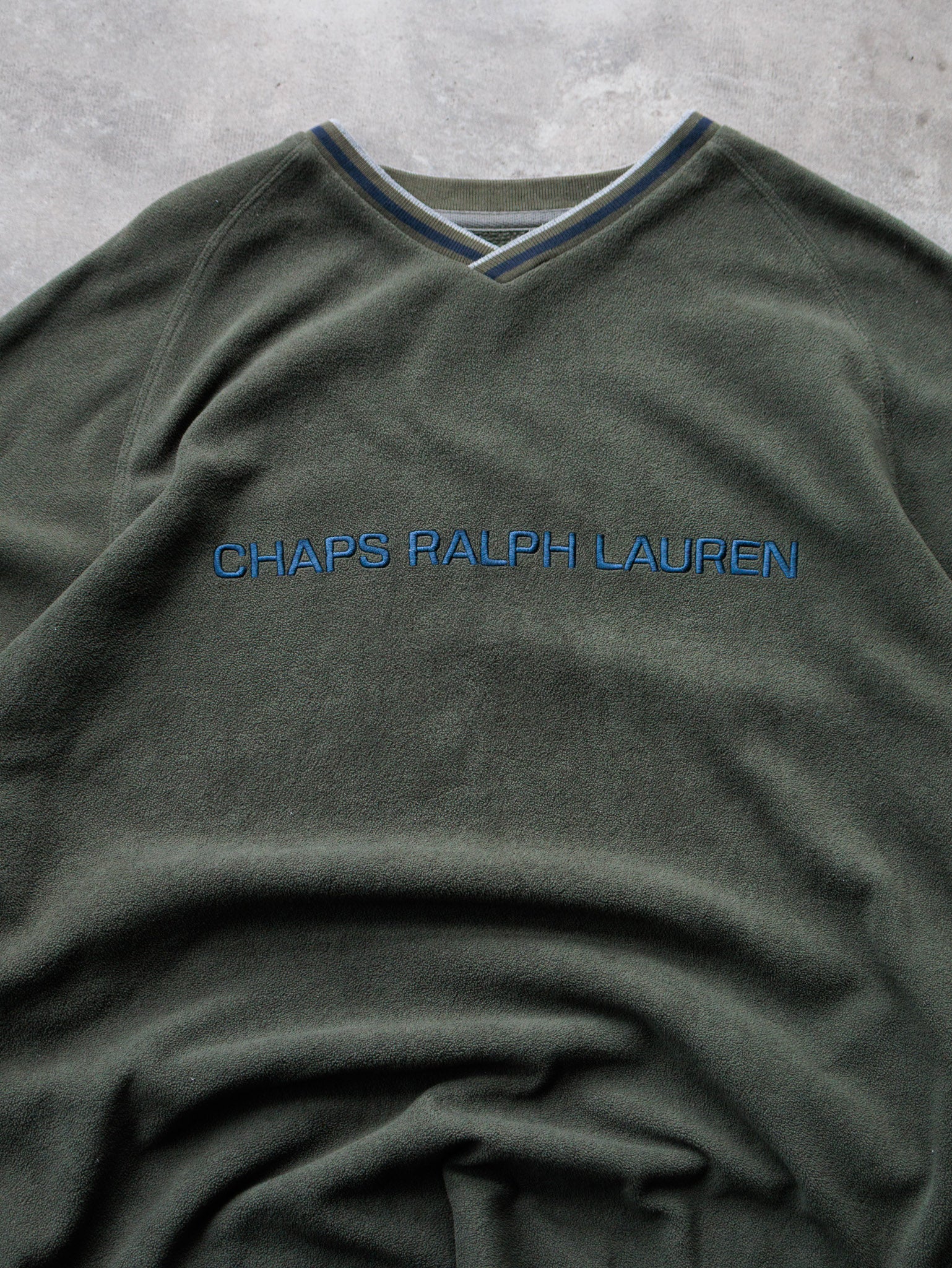 Vintage 90s Olive Chaps Ralph Lauren Spell Out Fleece Sweatshirt (L)