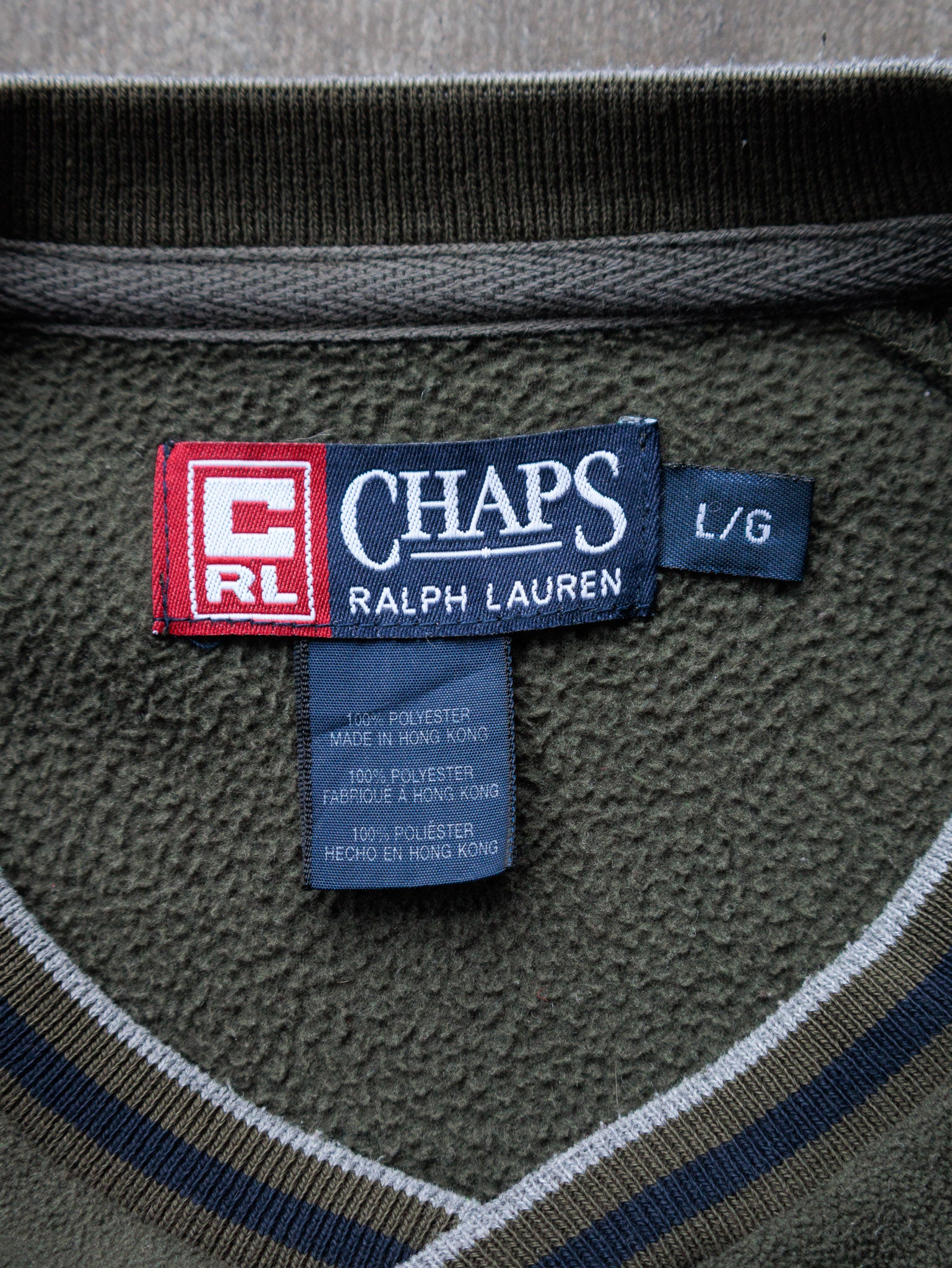 Vintage 90s Olive Chaps Ralph Lauren Spell Out Fleece Sweatshirt (L)