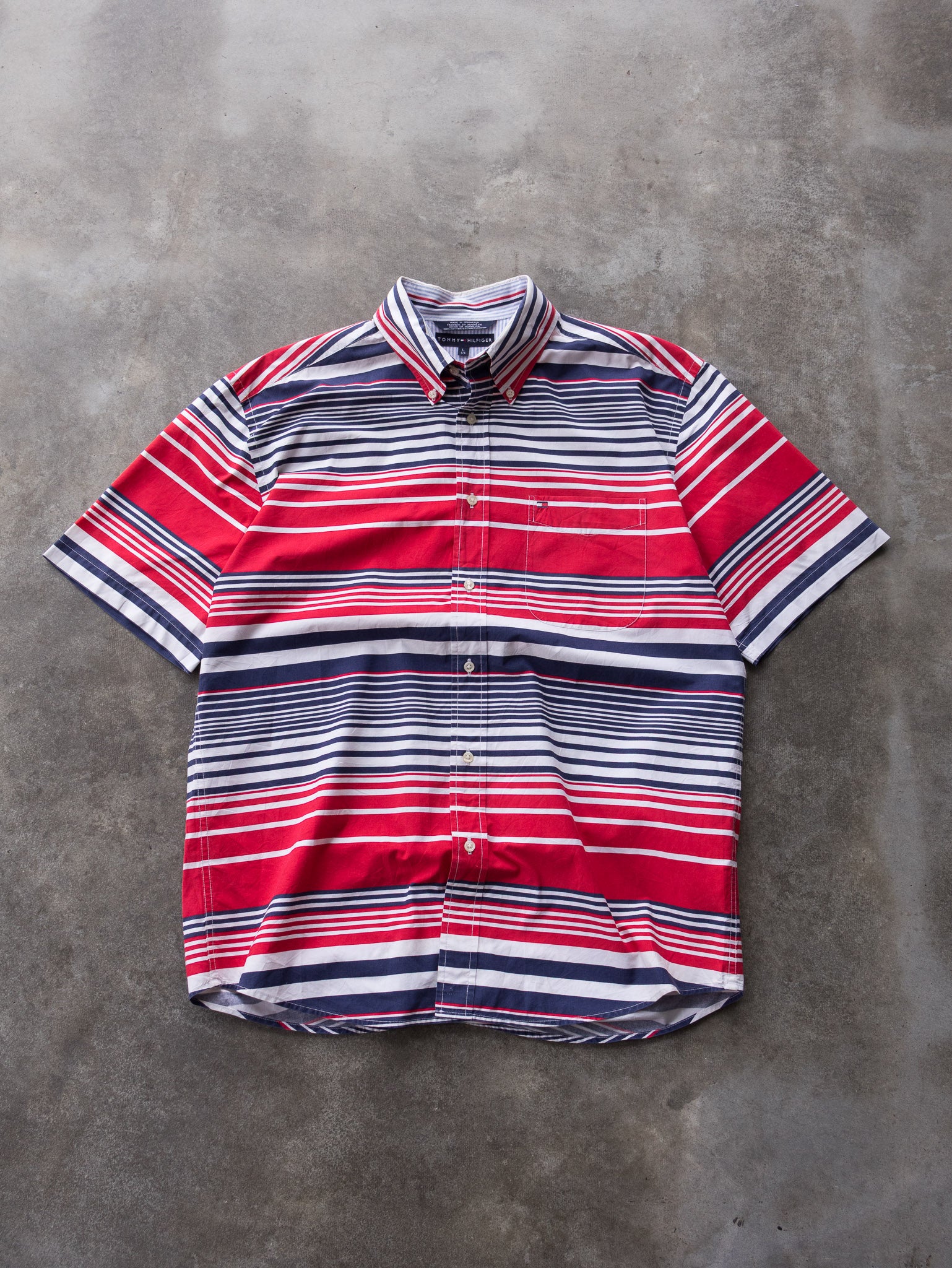 Vintage 00s Red & Navy Tommy Hilfiger Striped Short Sleeve Shirt (L)