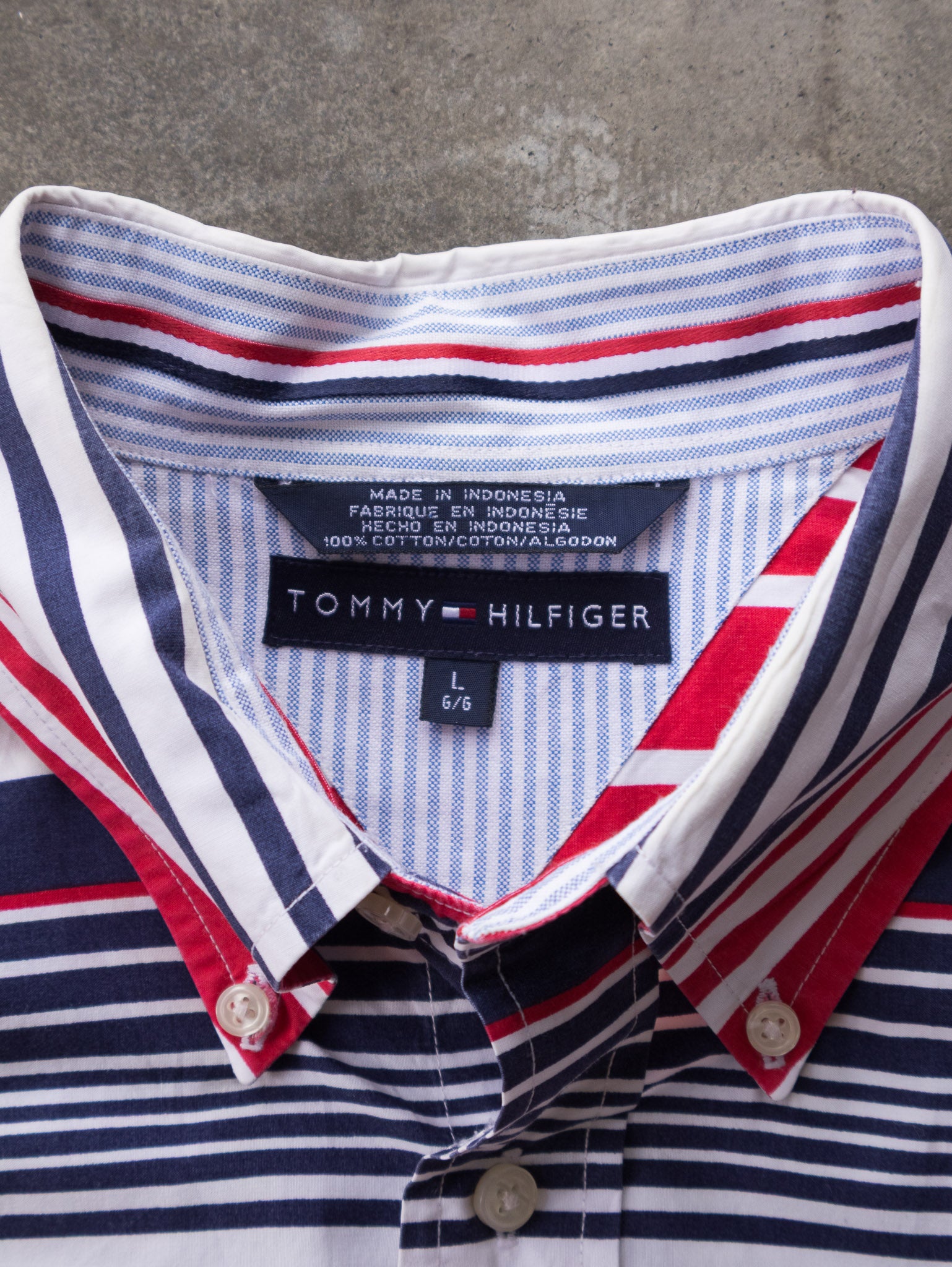 Vintage 00s Red & Navy Tommy Hilfiger Striped Short Sleeve Shirt (L)