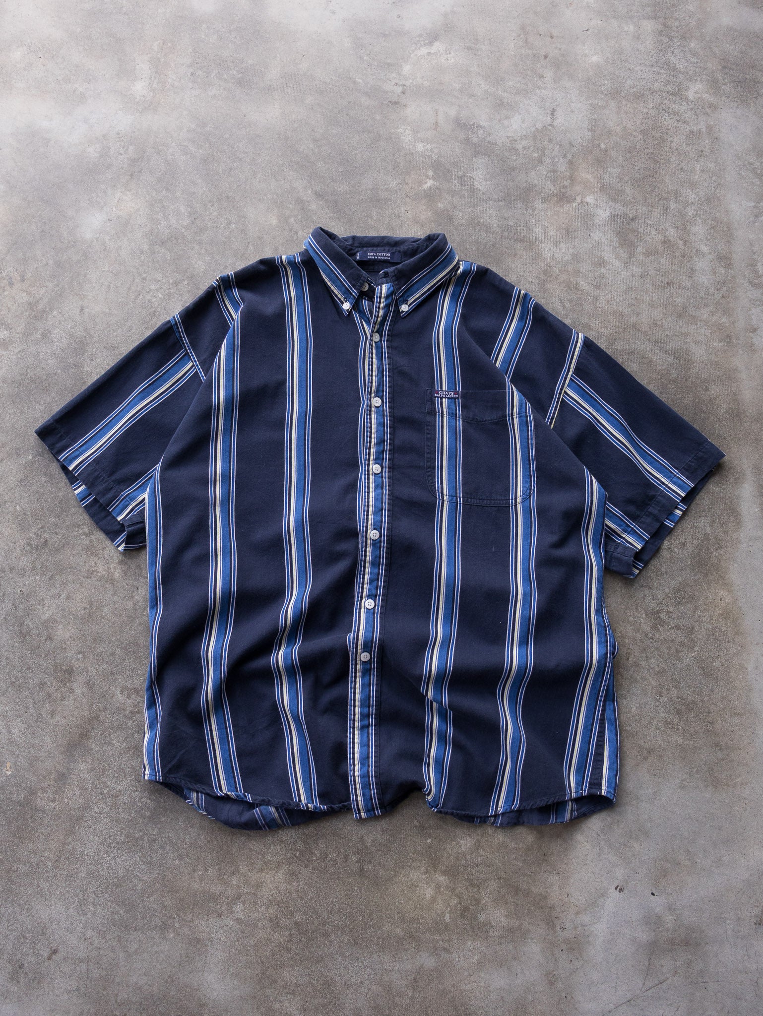 Vintage 00s Navy & Blue Chaps Ralph Lauren Striped Short Sleeve Shirt (L)