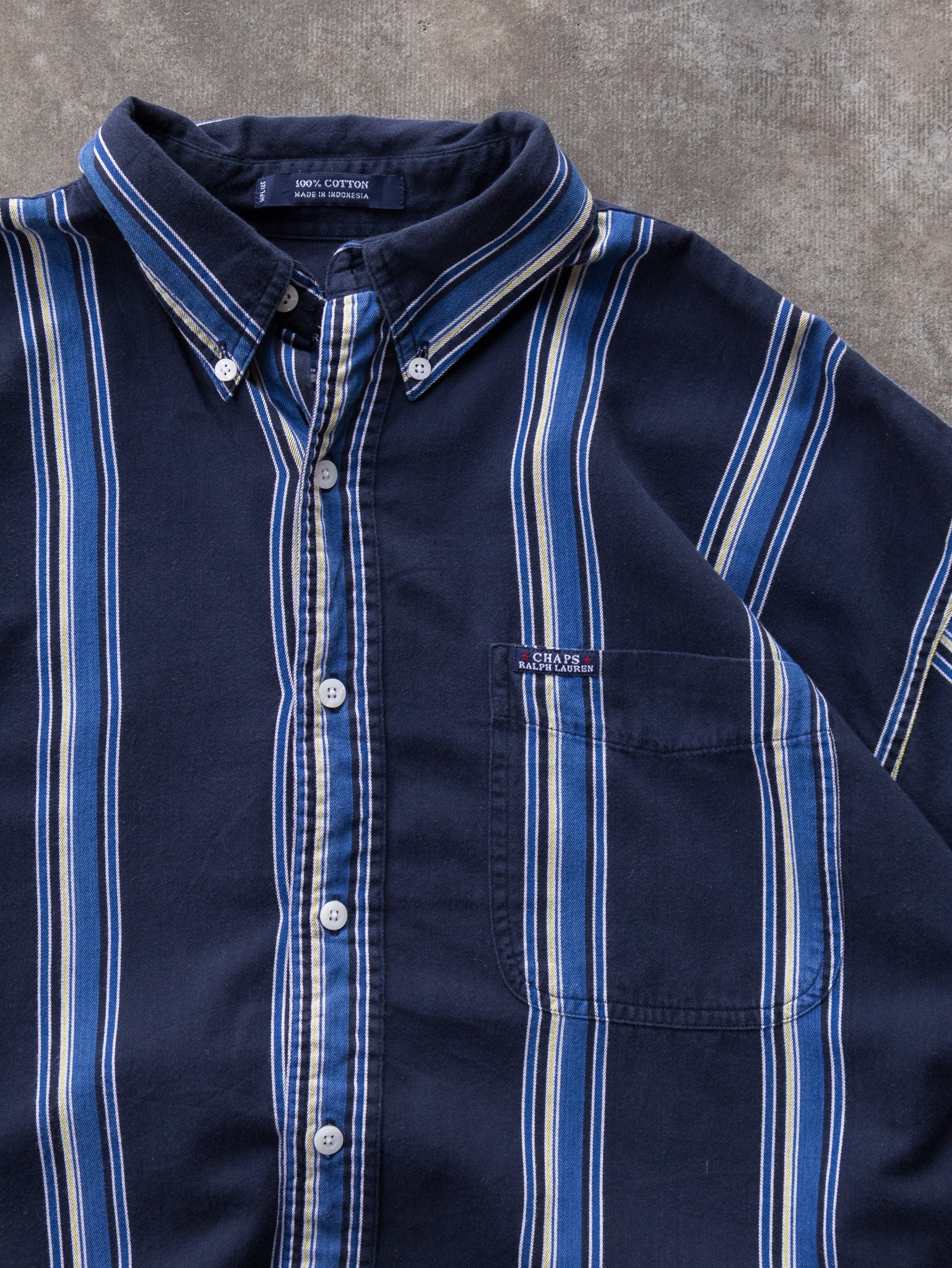 Vintage 00s Navy & Blue Chaps Ralph Lauren Striped Short Sleeve Shirt (L)
