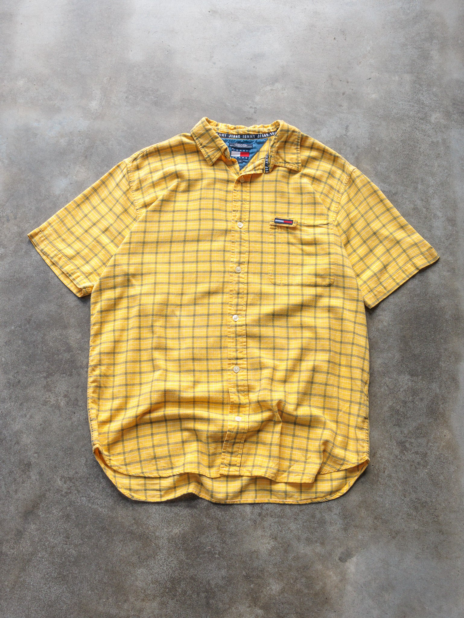 Vintage 90s Yellow Tommy Jeans Checked Short Sleeve Shirt (L)
