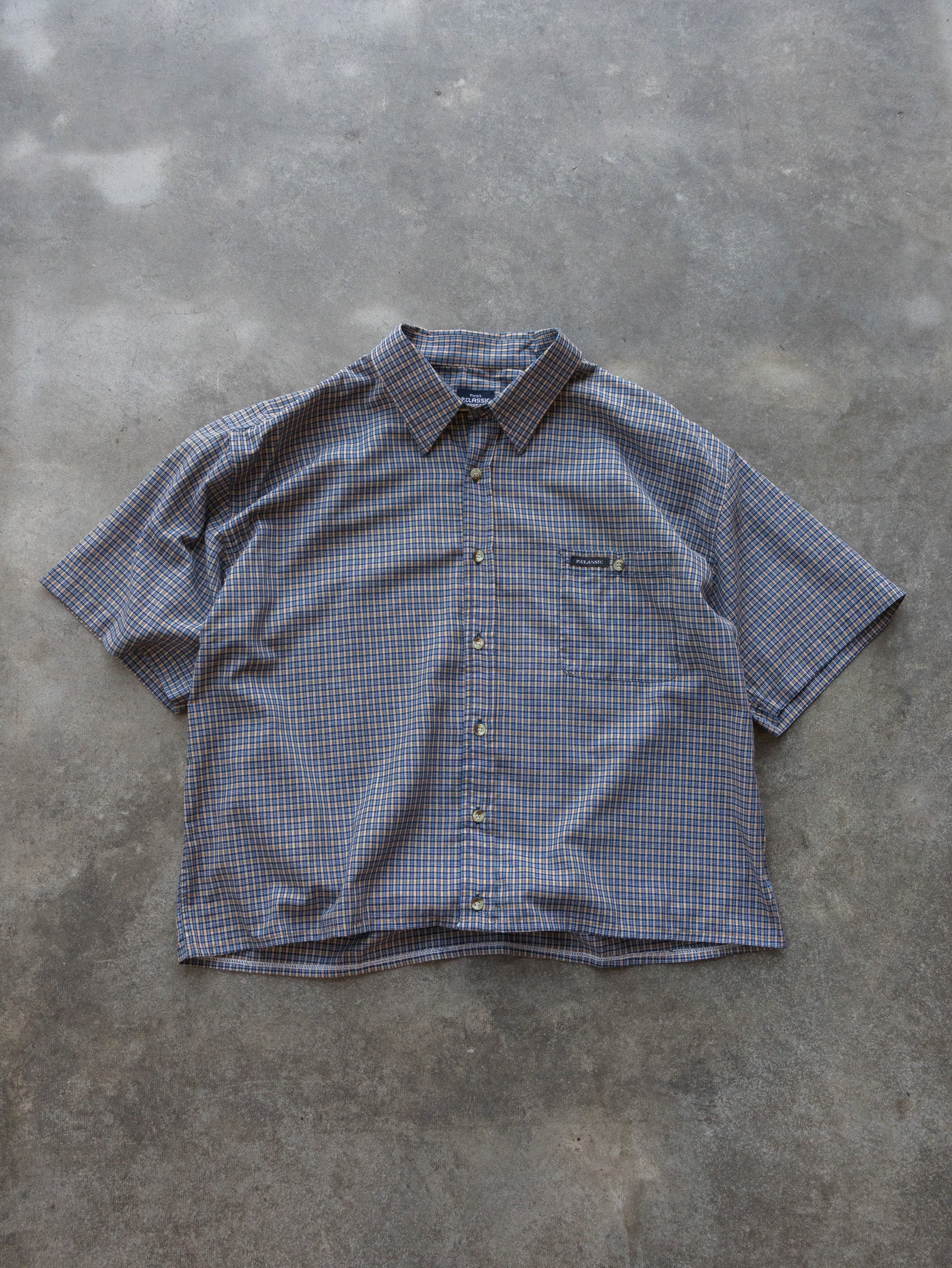 Vintage Blue Beige Check Cropped Shirt (L)