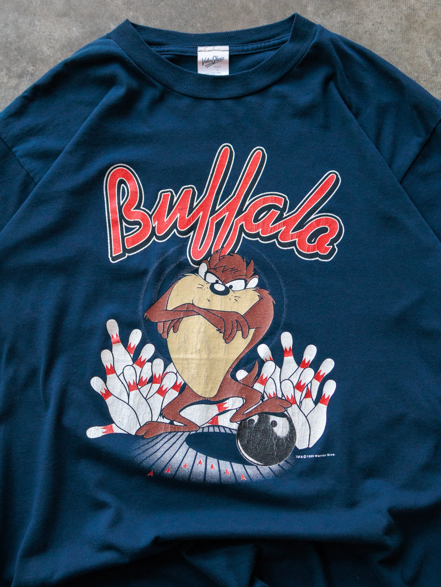 Vintage 1996 Navy Looney Tunes Taz Buffalo Bowling Tee (L)