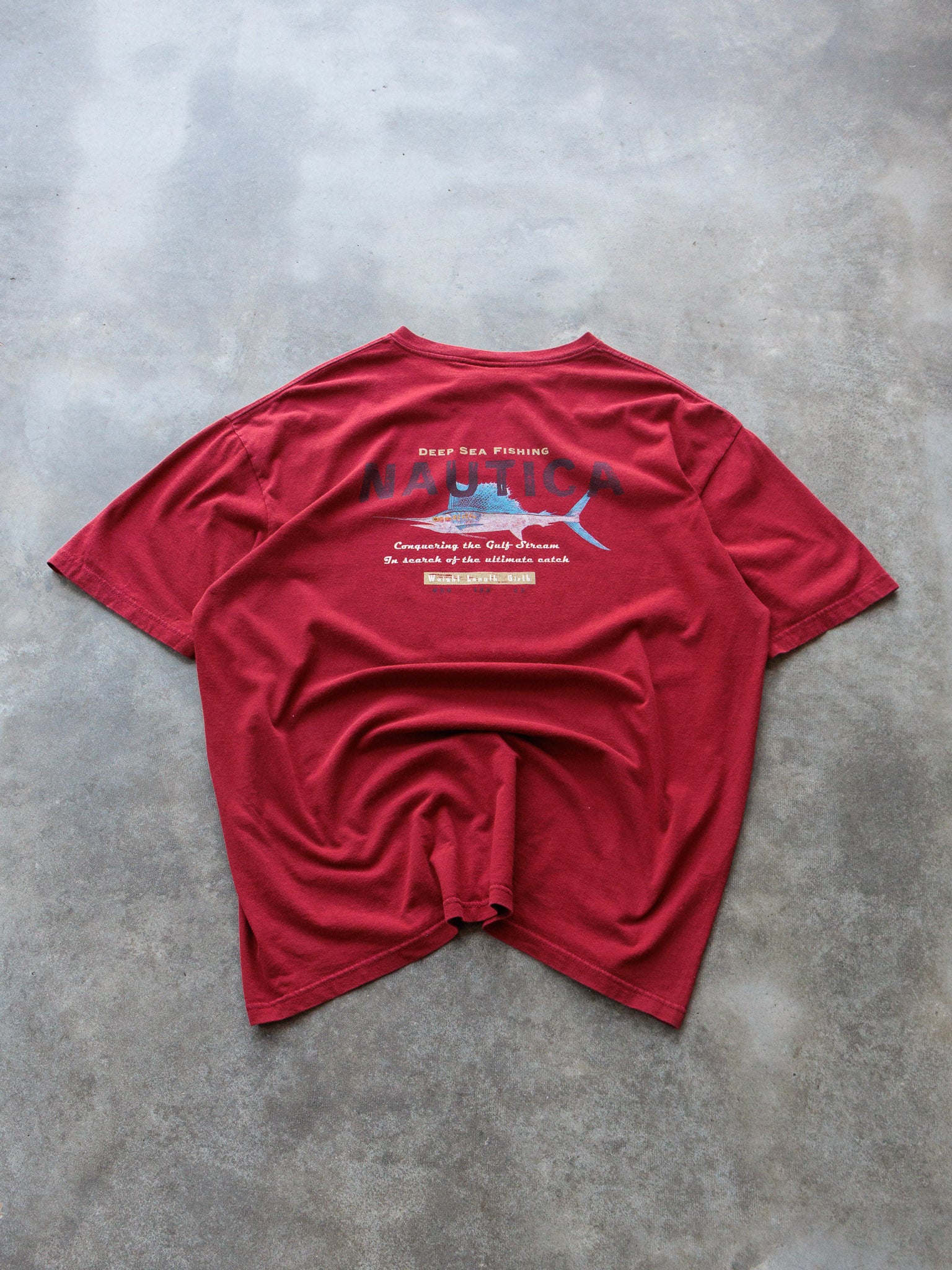 Vintage 90s Red Nautica Deep Sea Fishing Graphic Tee (XL)