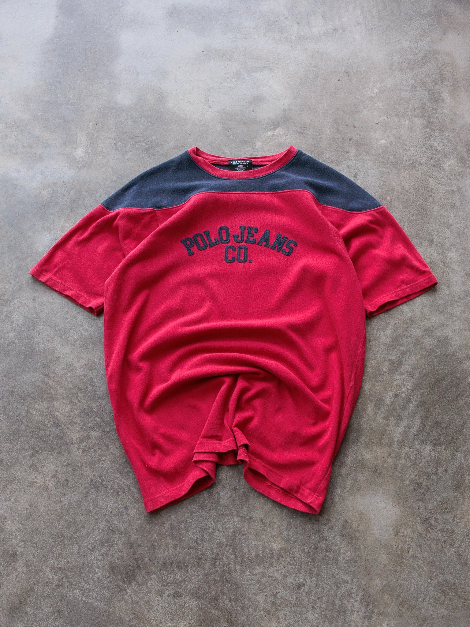 Vintage 00s Red & Navy Polo Jeans Co. Ralph Lauren Spell Out Tee (S)