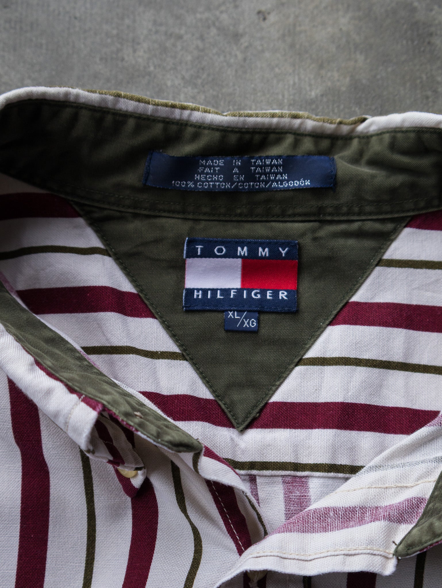Vintage White & Burgundy Striped Tommy Hilfiger Shirt (XL)