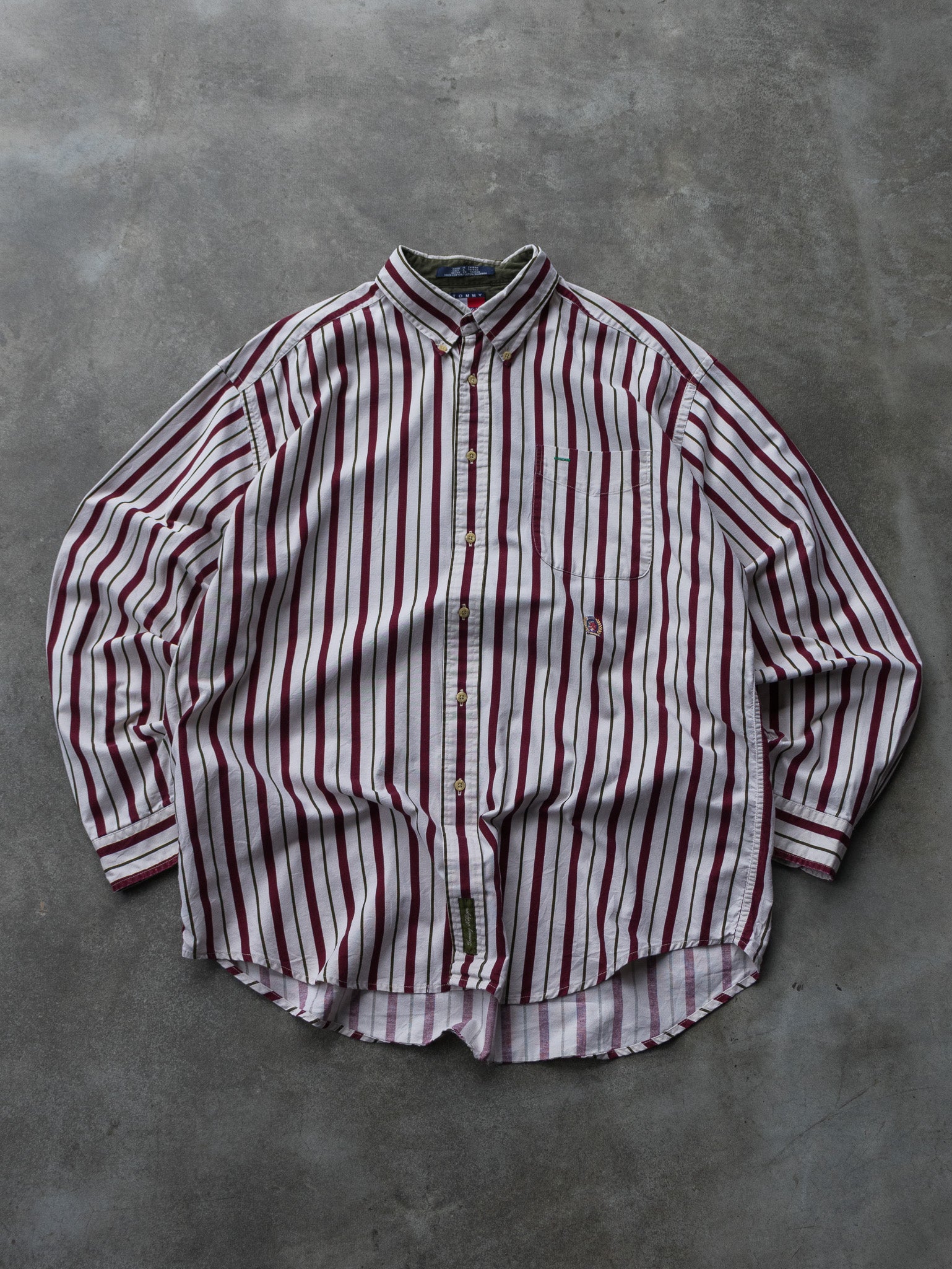 Vintage White & Burgundy Striped Tommy Hilfiger Shirt (XL)