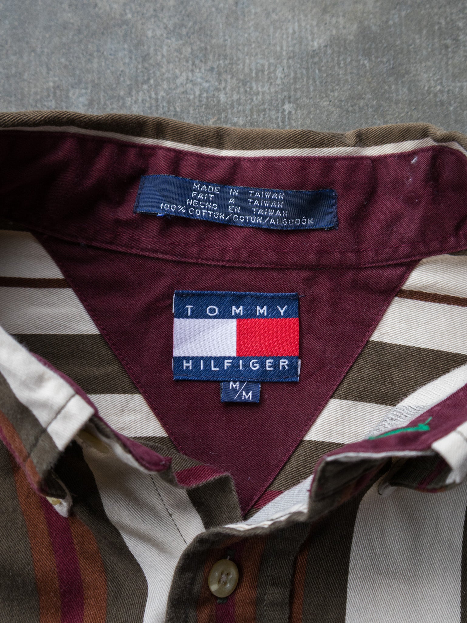 Vintage Cream & Burgundy Striped Tommy Hilfiger Shirt (L)