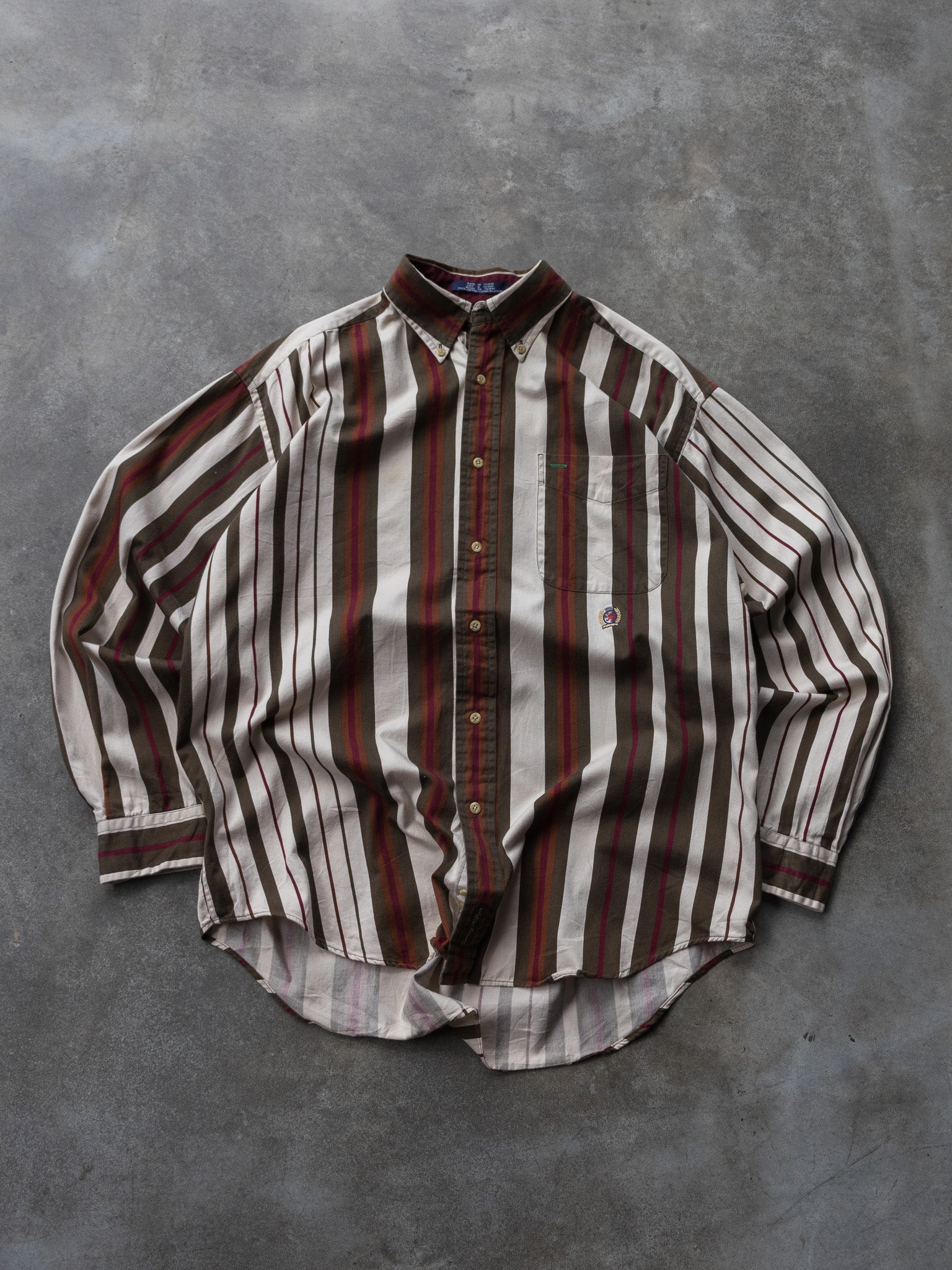 Vintage Cream & Burgundy Striped Tommy Hilfiger Shirt (L)