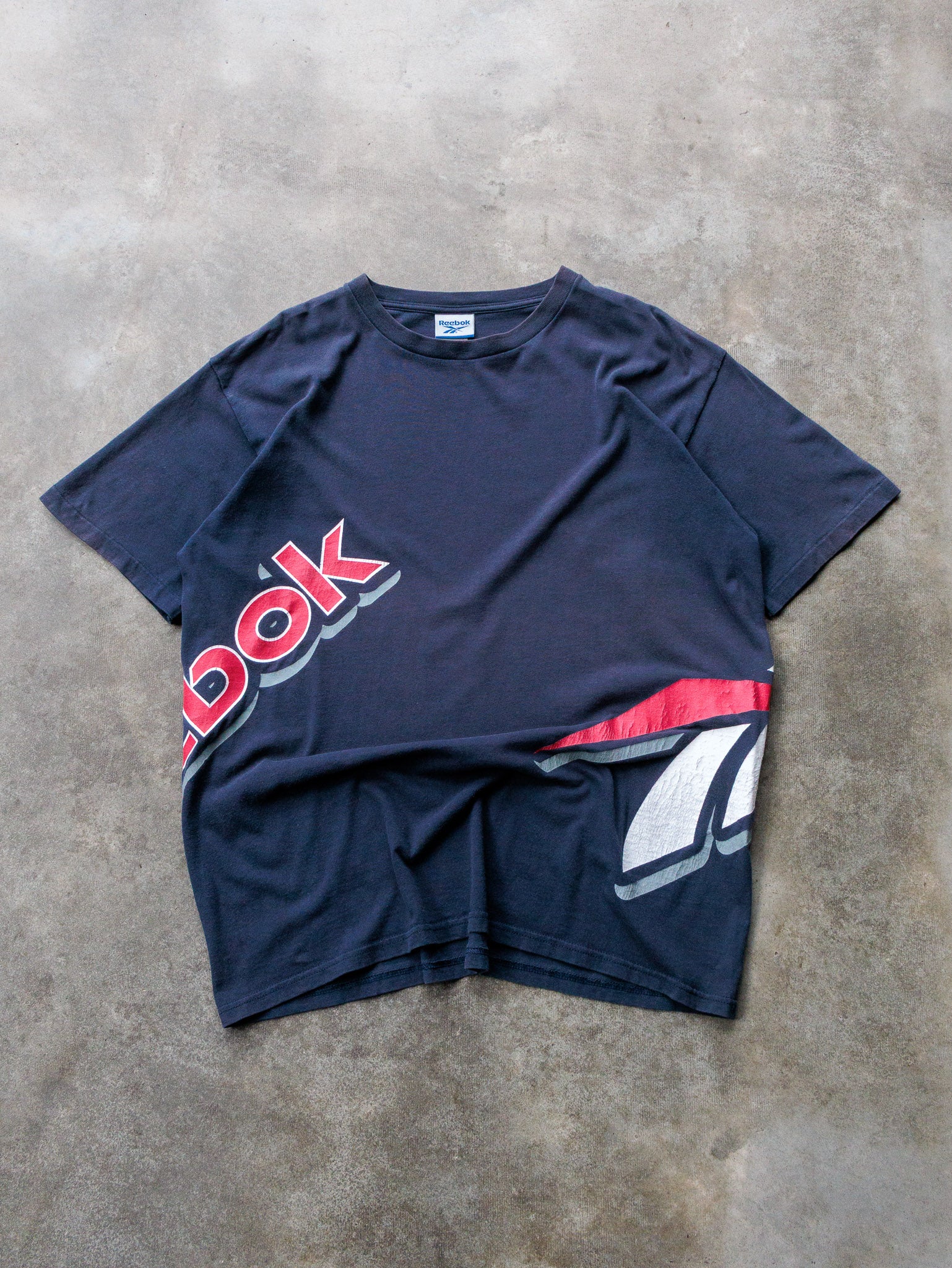 Vintage 90s Navy Reebok Wrap-Around Logo Tee (L)