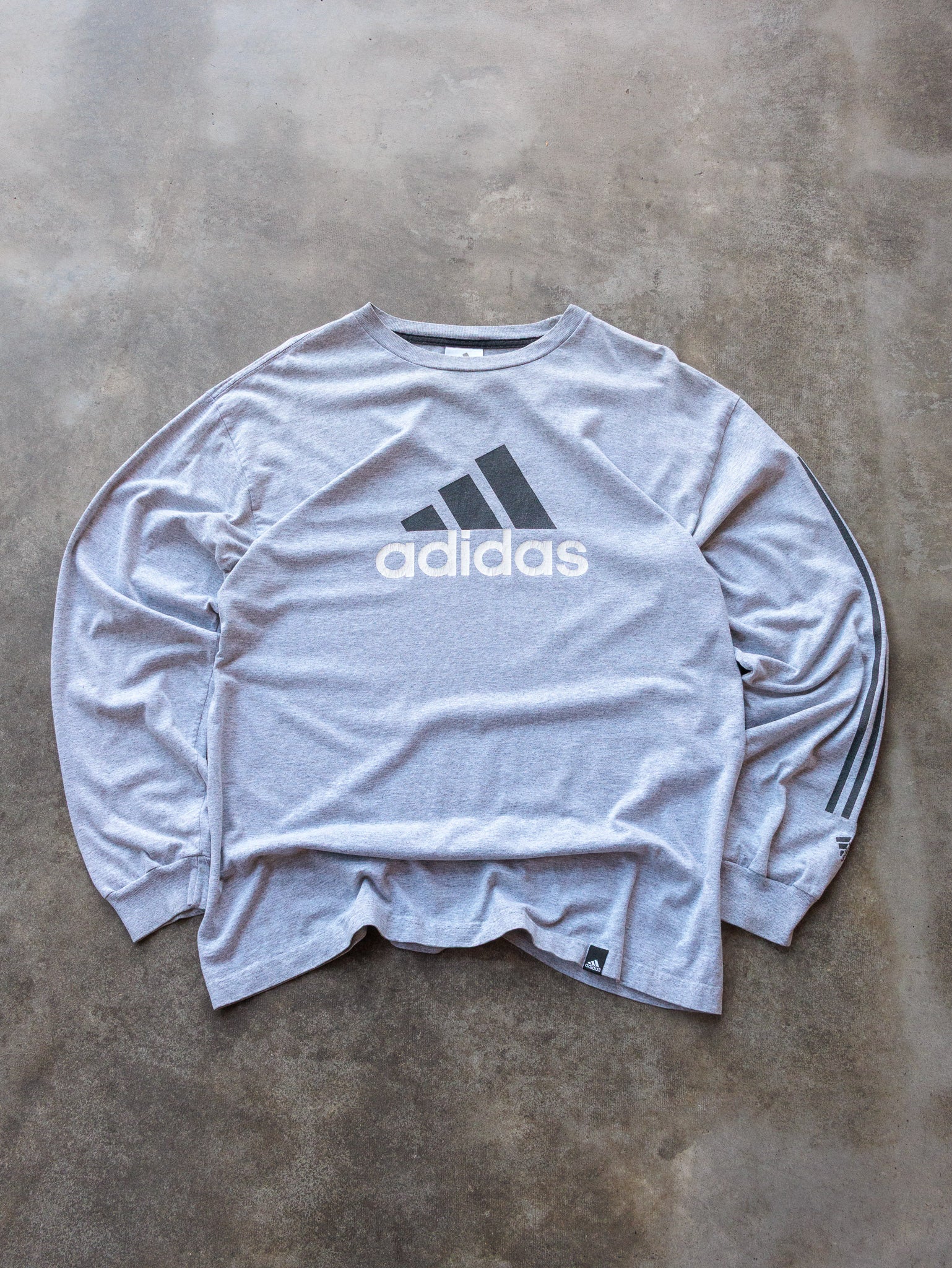 Vintage 90s Grey Adidas Sleeve Stripe Long Sleeve (L)