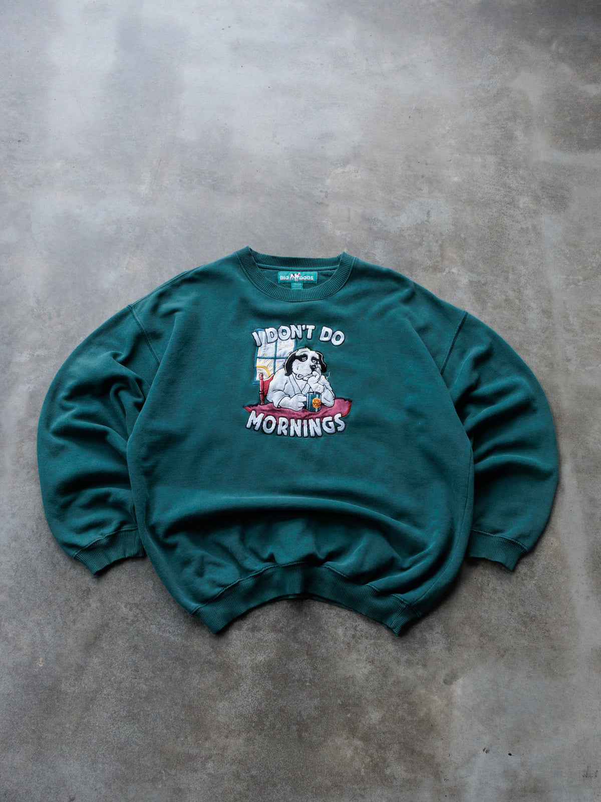 Vintage 90s Green Big Dogs I Don't Do Mornings Slogan Sweatshirt (XL)