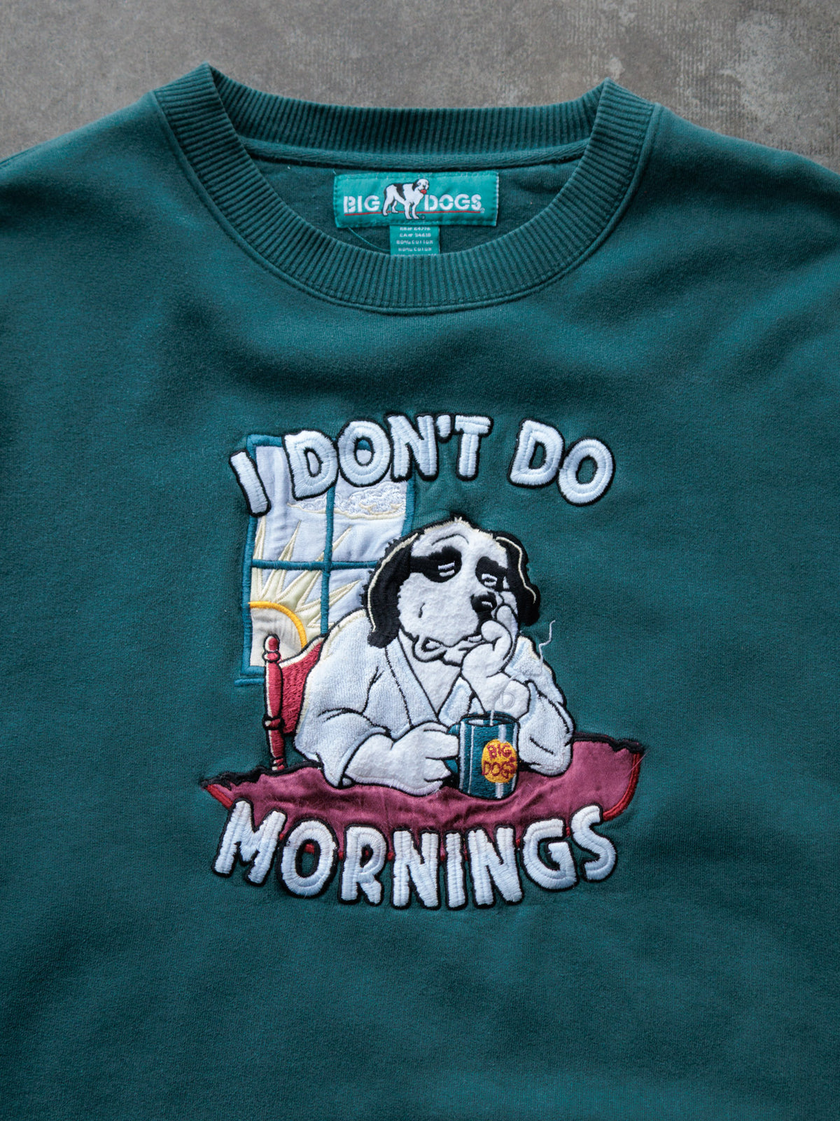 Vintage 90s Green Big Dogs I Don't Do Mornings Slogan Sweatshirt (XL)