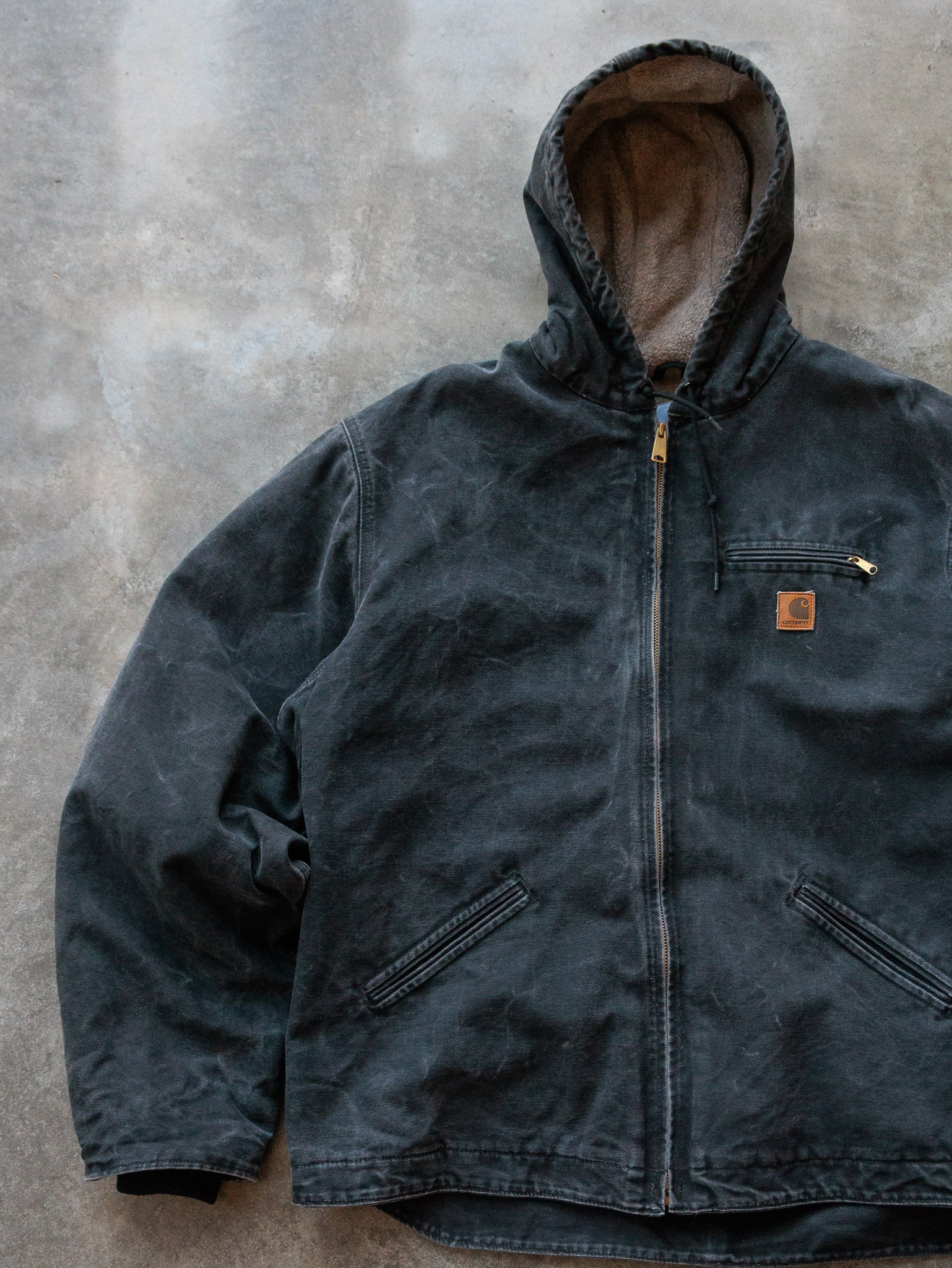 Vintage 00s Black Carhartt Sherpa Lined Sandstone Hooded Jacket (2XL)