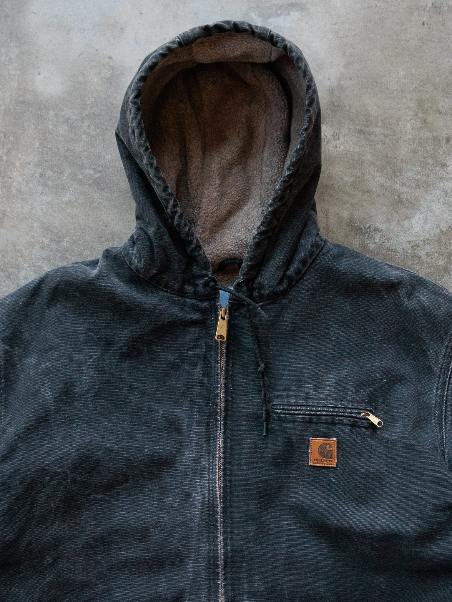 Vintage 00s Black Carhartt Sherpa Lined Sandstone Hooded Jacket (2XL)