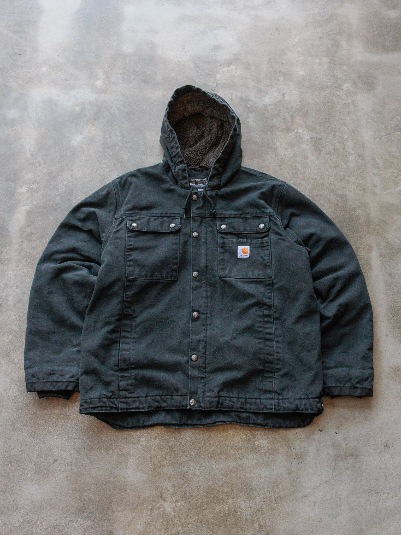 Vintage Black Carhartt Sherpa Lined Hooded Shirt Jacket (L)