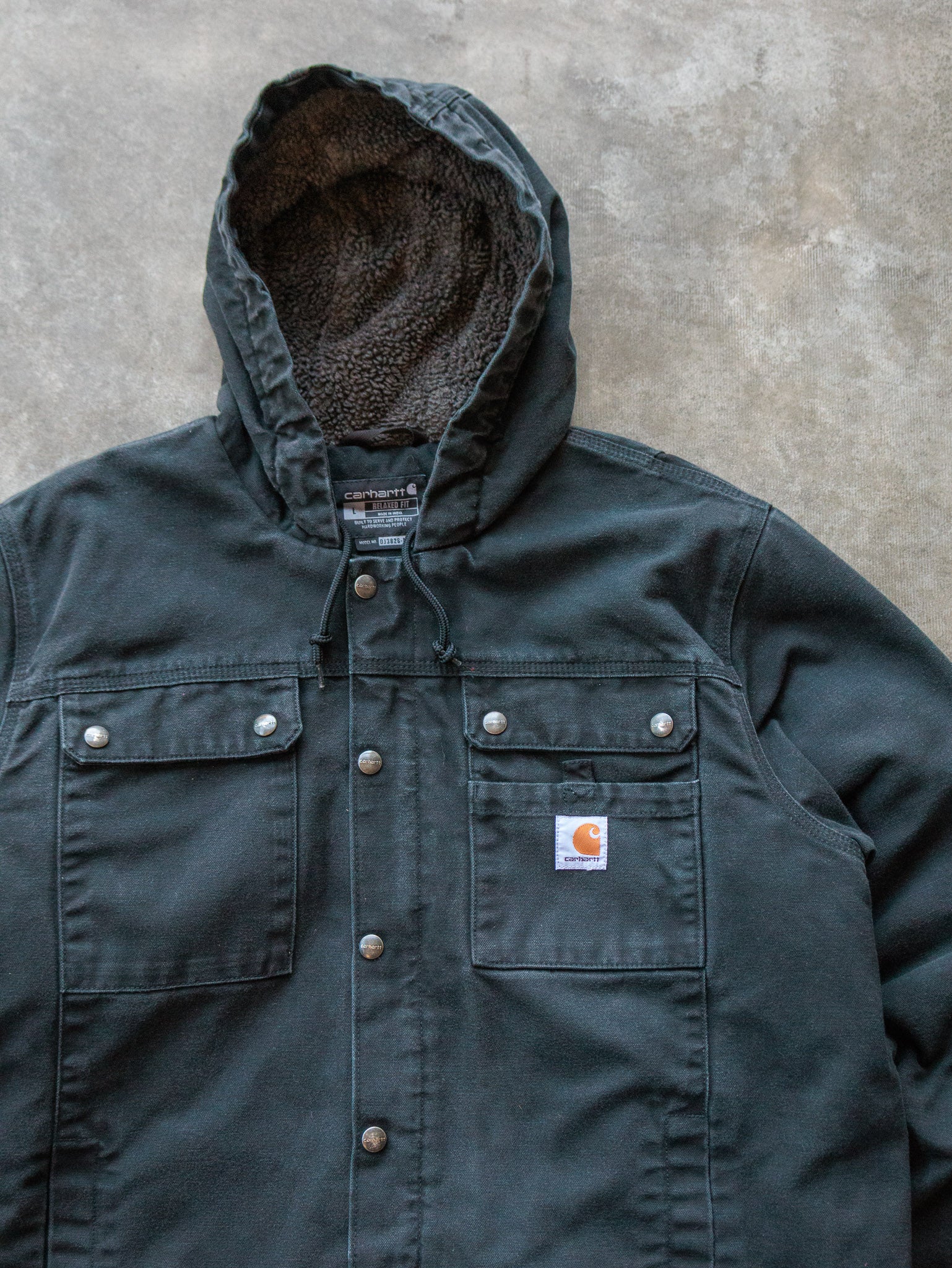 Vintage Black Carhartt Sherpa Lined Hooded Shirt Jacket (L)