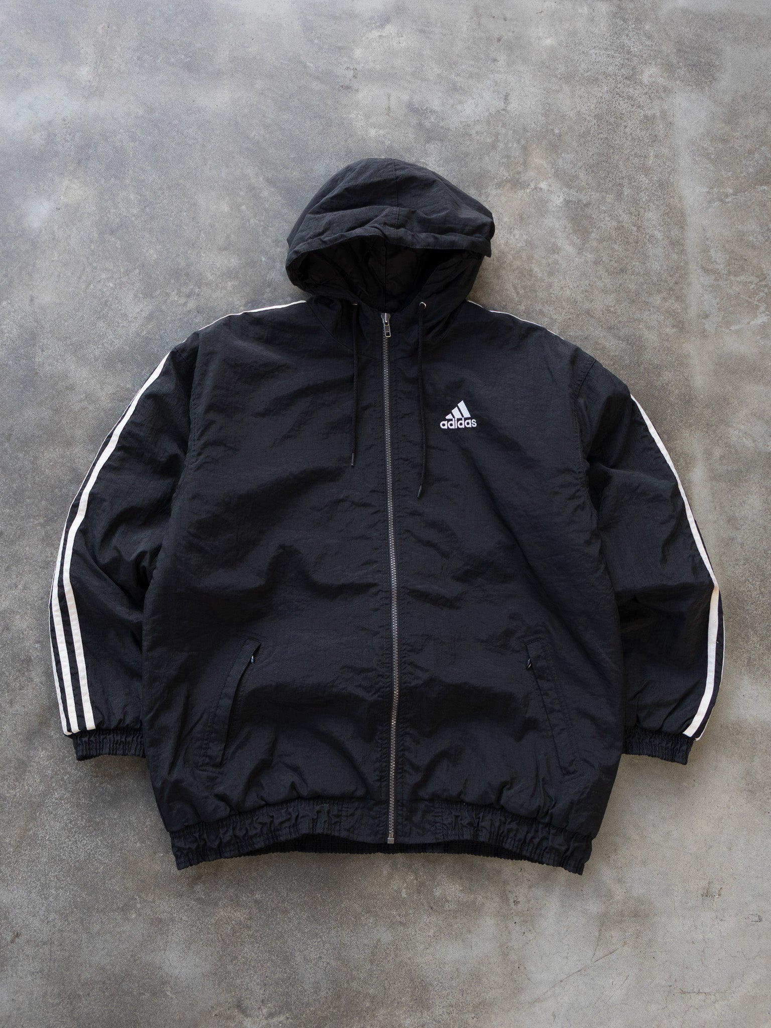 Vintage Black Adidas 3-Stripe Hooded Jacket (XL)