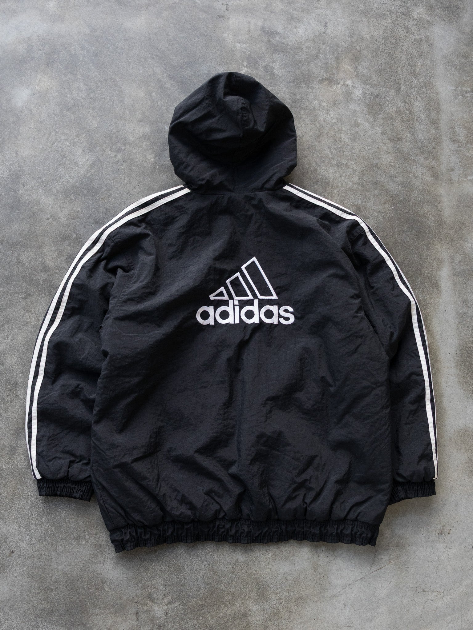 Vintage Black Adidas 3-Stripe Hooded Jacket (XL)