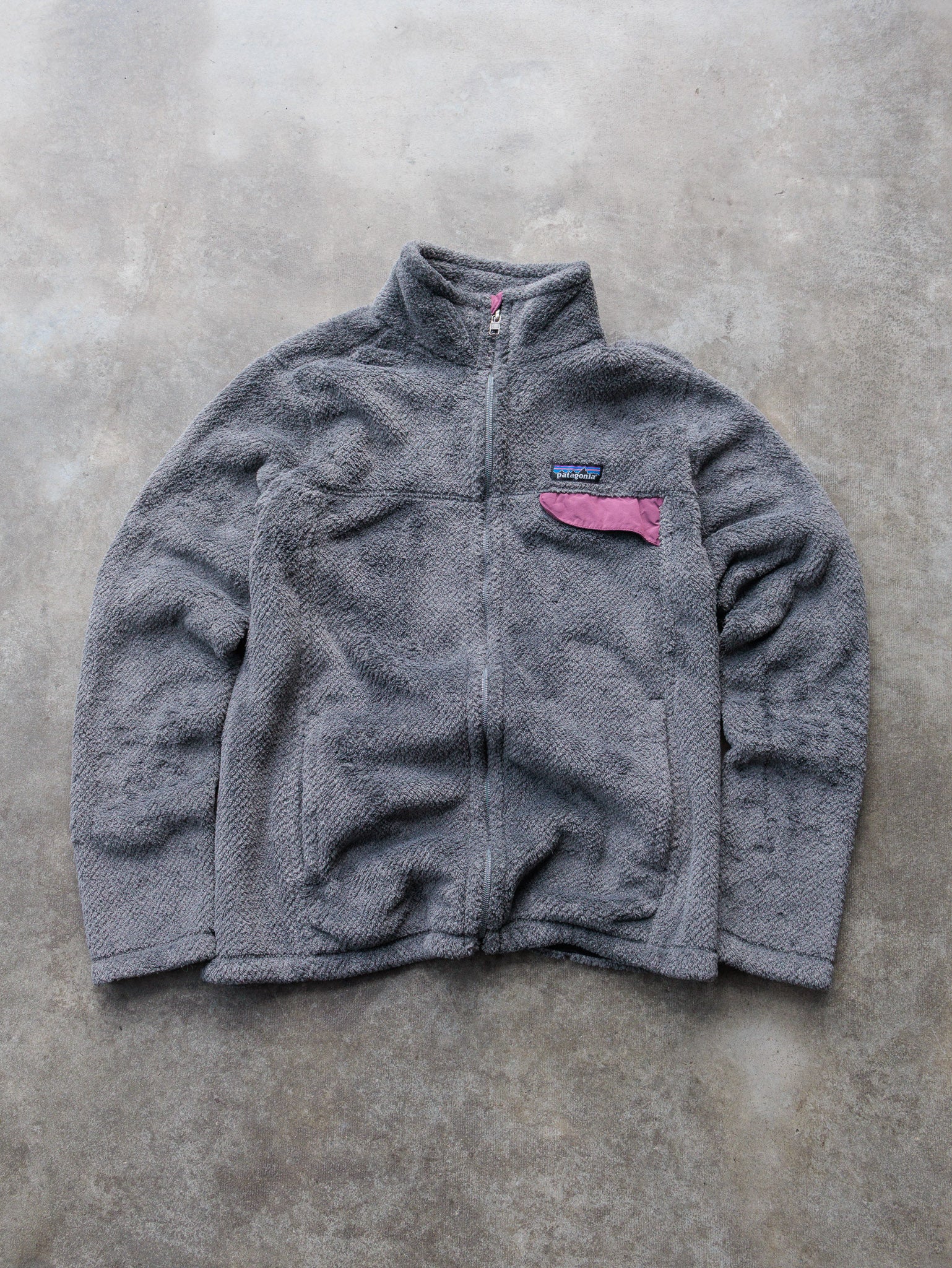 Vintage Grey & Pink Patagonia Re-Tool Full Zip Fleece Jacket (Women's L)
