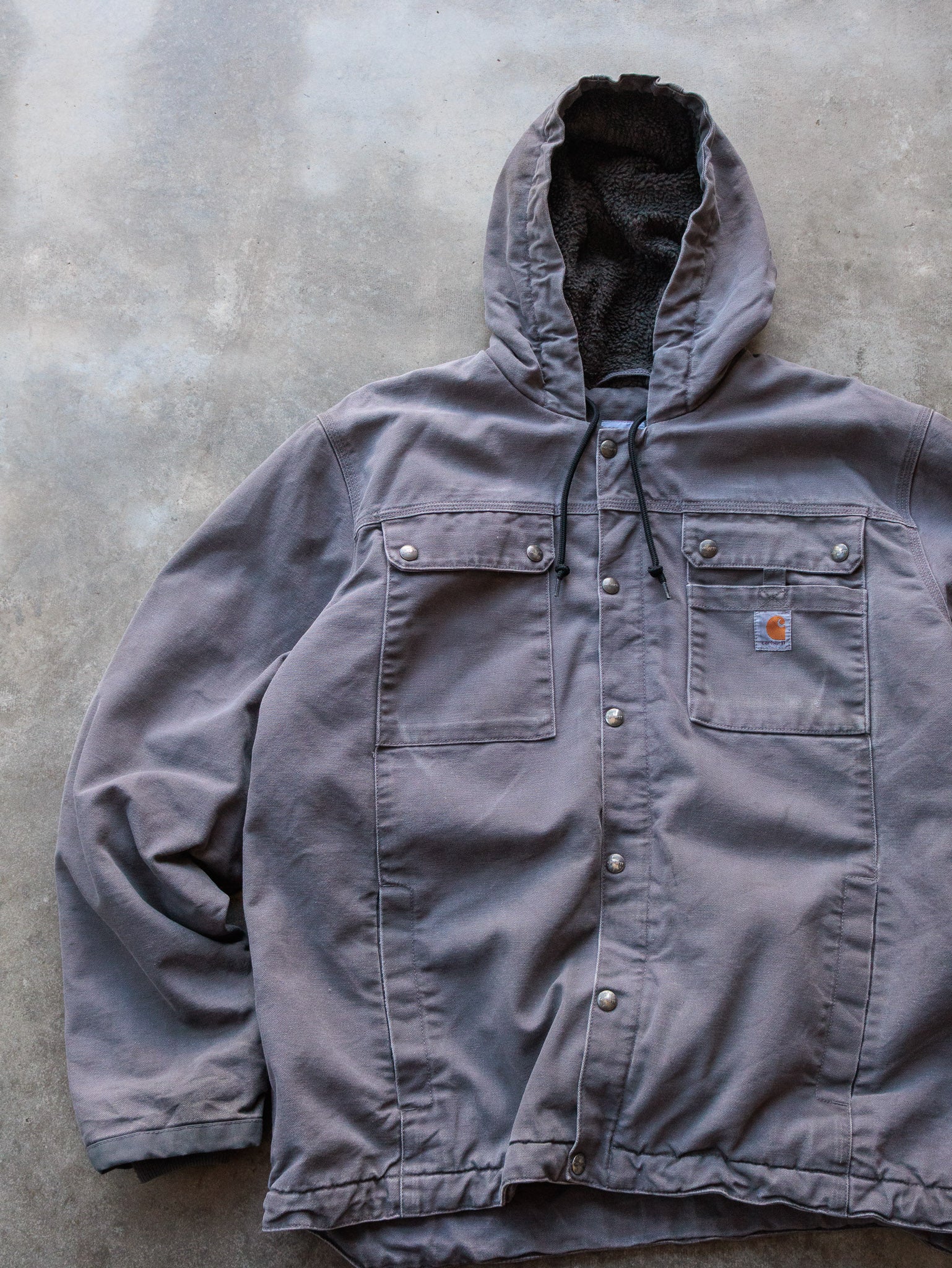 Vintage Grey Carhartt Sherpa Lined Hooded Jacket (XL)